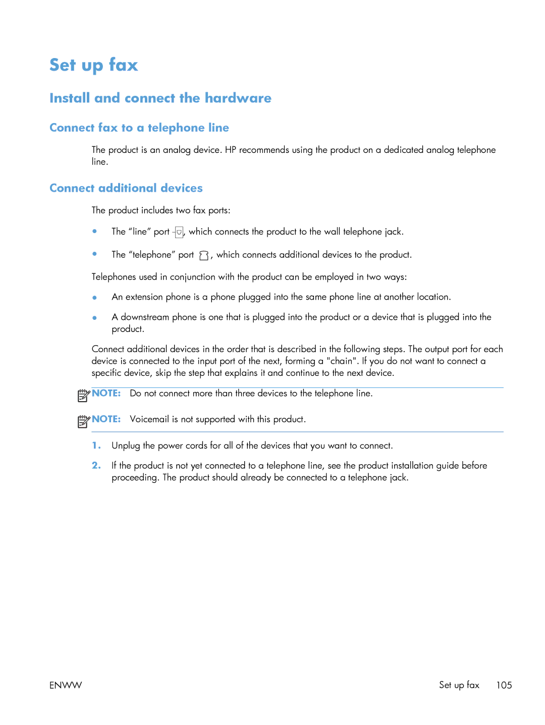 HP M1213nf manual Set up fax, Install and connect the hardware, Connect fax to a telephone line, Connect additional devices 