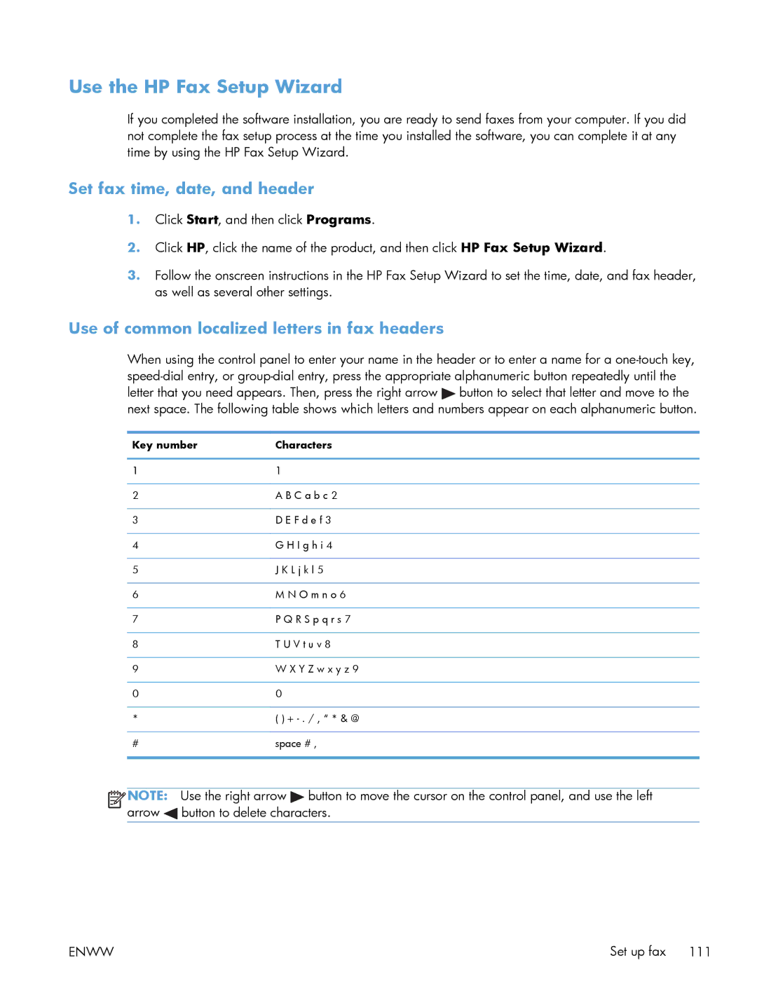 HP M1213nf Use the HP Fax Setup Wizard, Set fax time, date, and header, Use of common localized letters in fax headers 