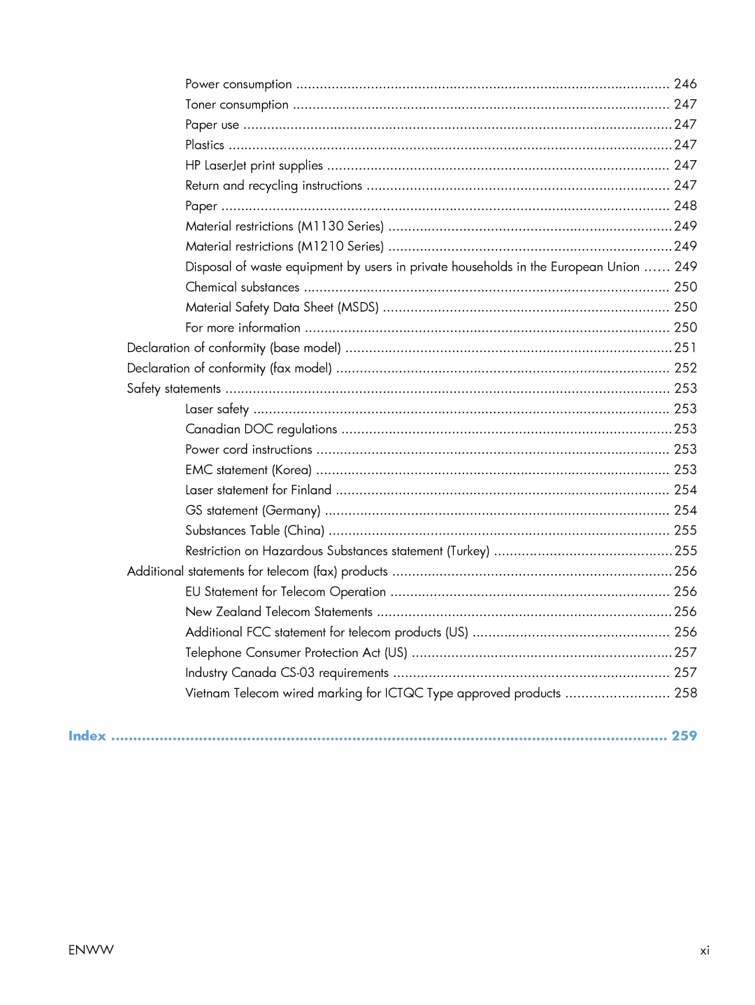 HP M1214nfh, M1216nfh, M1213nf manual Index 259 