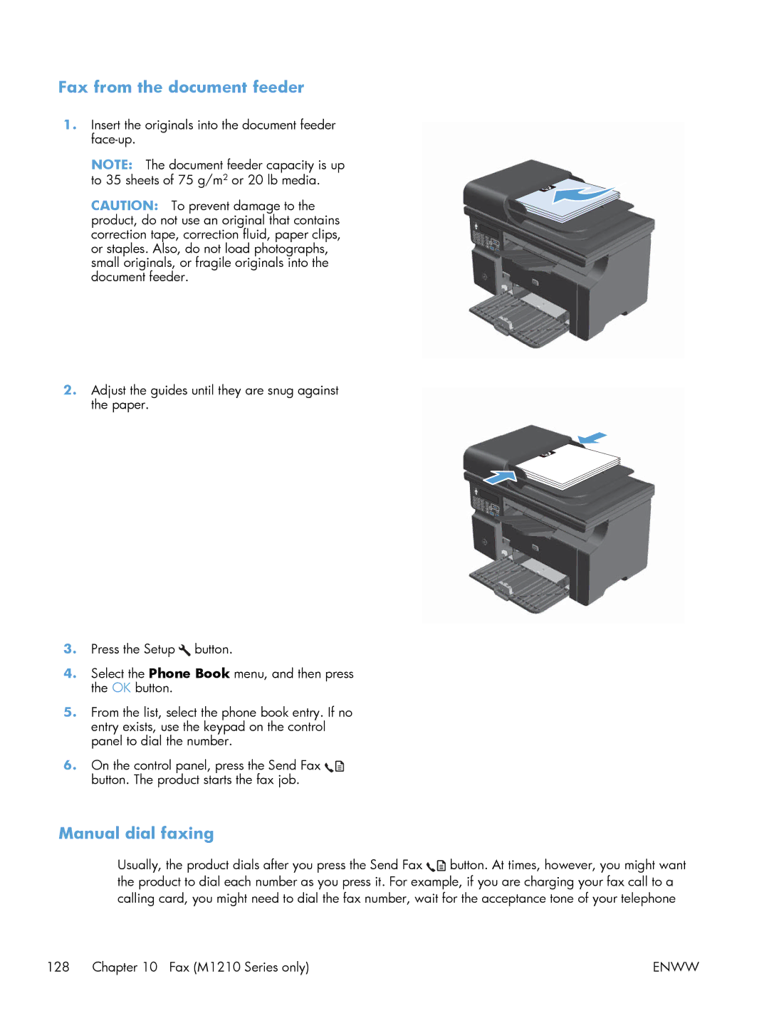 HP M1214nfh, M1216nfh, M1213nf manual Fax from the document feeder, Manual dial faxing 