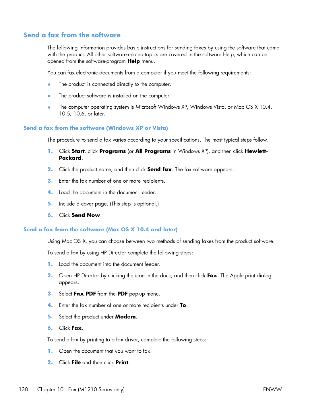 HP M1216nfh Send a fax from the software Windows XP or Vista, Send a fax from the software Mac OS X 10.4 and later 