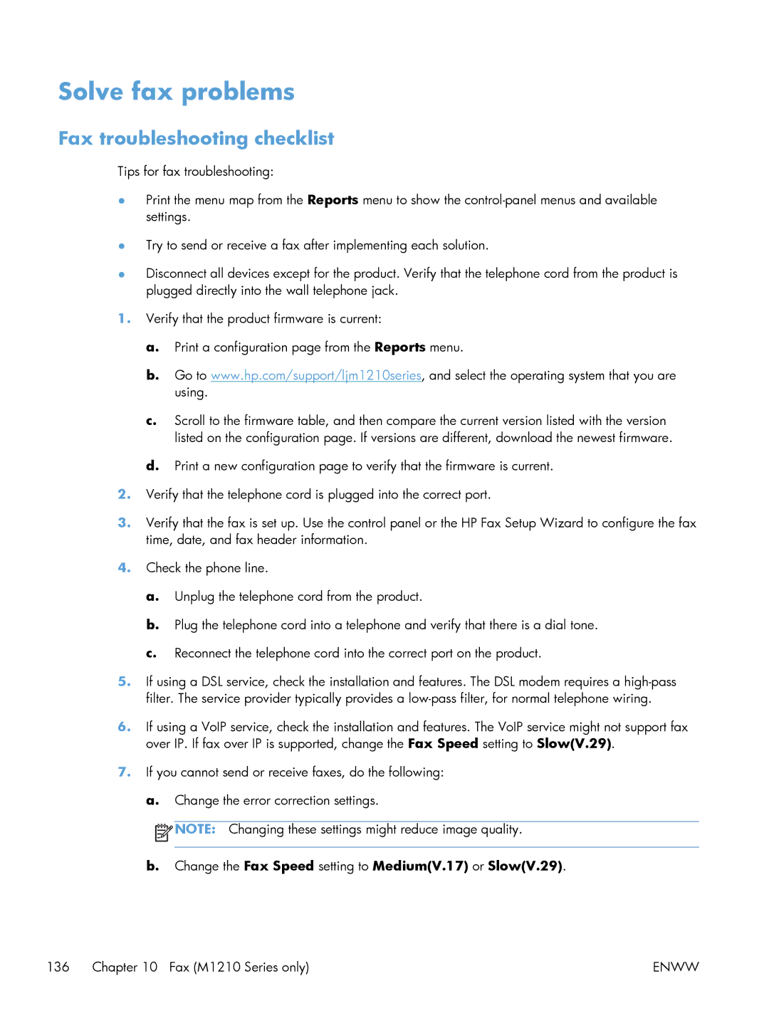 HP M1216nfh, M1214nfh, M1213nf manual Solve fax problems, Fax troubleshooting checklist 