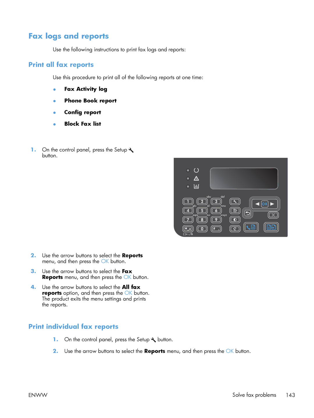 HP M1214nfh, M1216nfh, M1213nf manual Fax logs and reports, Print all fax reports, Print individual fax reports 