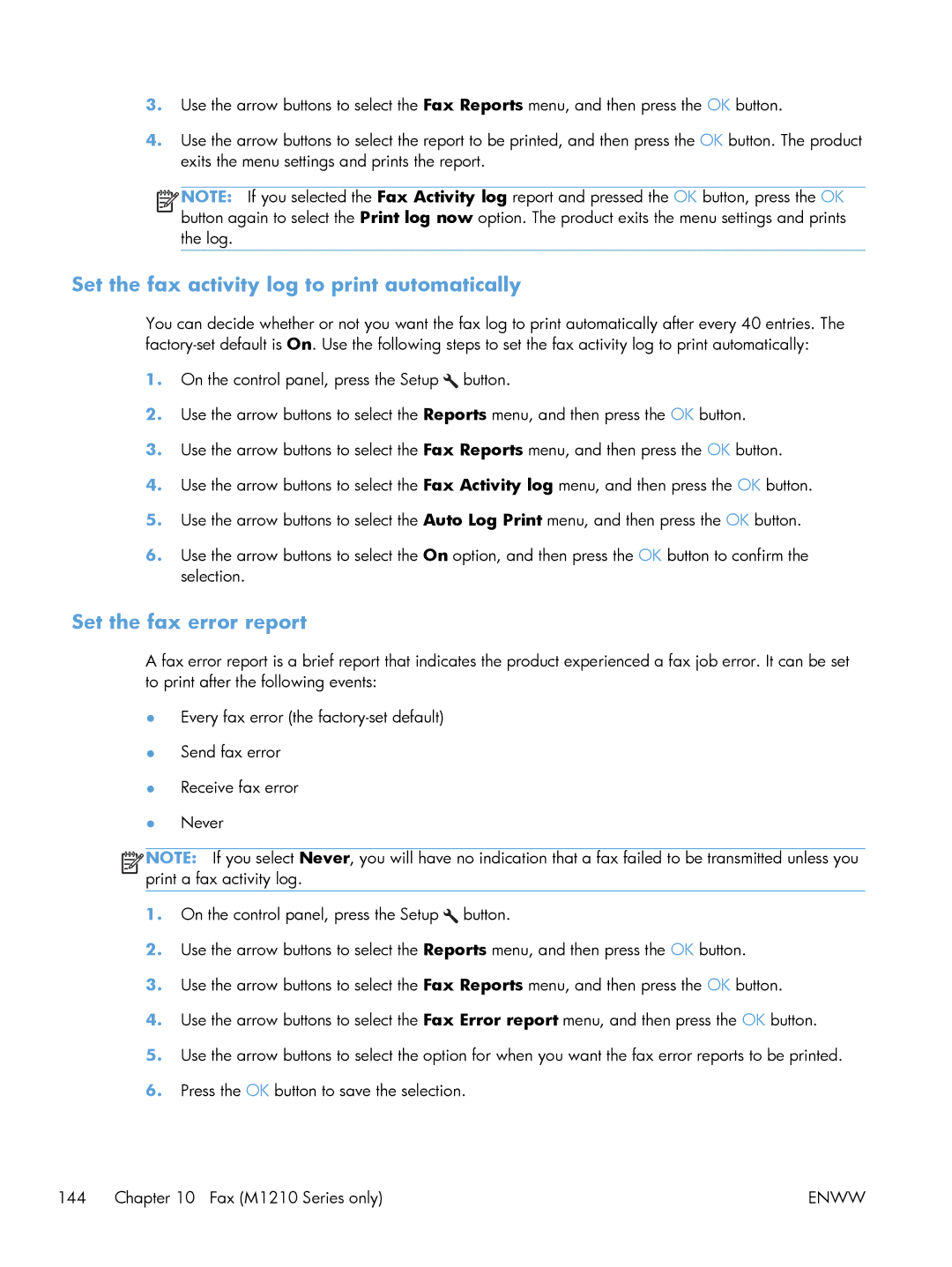 HP M1213nf, M1216nfh, M1214nfh manual Set the fax activity log to print automatically, Set the fax error report 