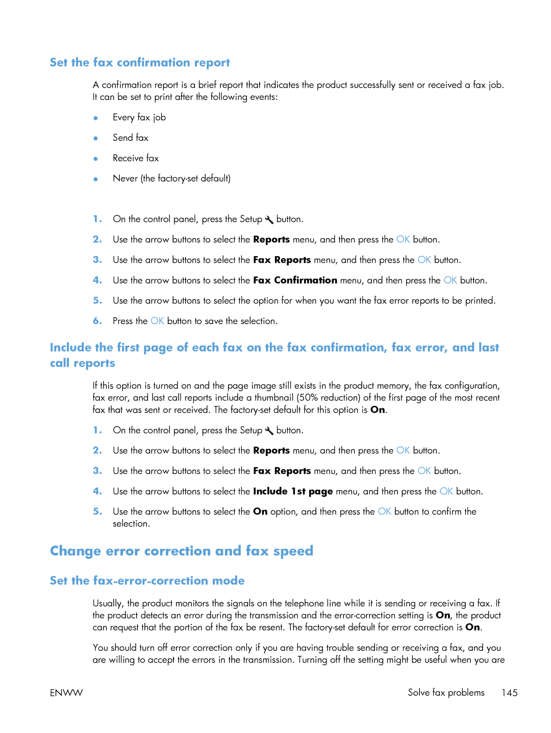 HP M1216nfh Change error correction and fax speed, Set the fax confirmation report, Set the fax-error-correction mode 