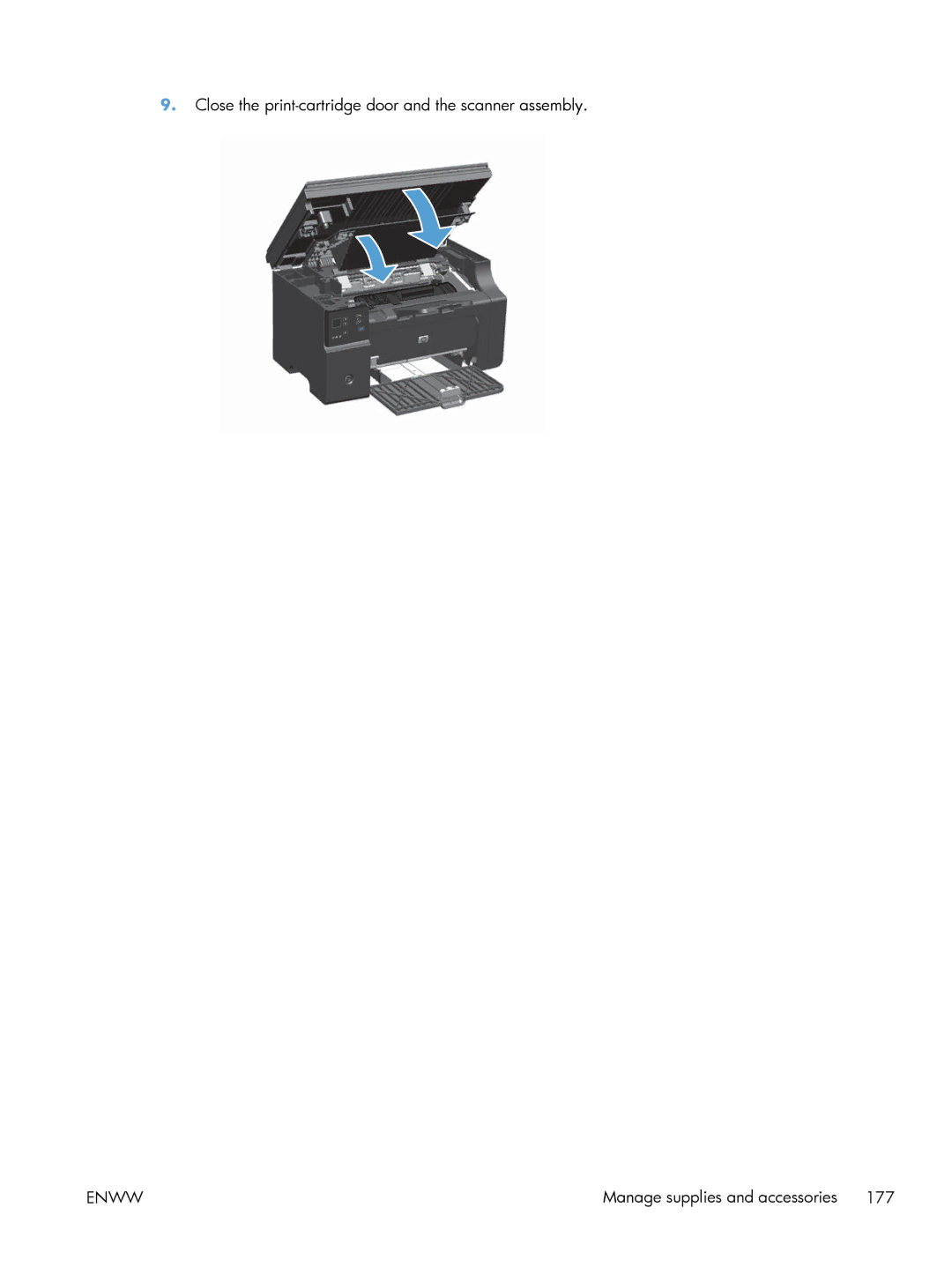 HP M1213nf, M1216nfh, M1214nfh manual Close the print-cartridge door and the scanner assembly 