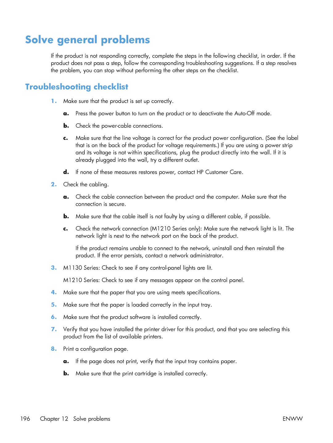 HP M1216nfh, M1214nfh, M1213nf manual Solve general problems, Troubleshooting checklist 