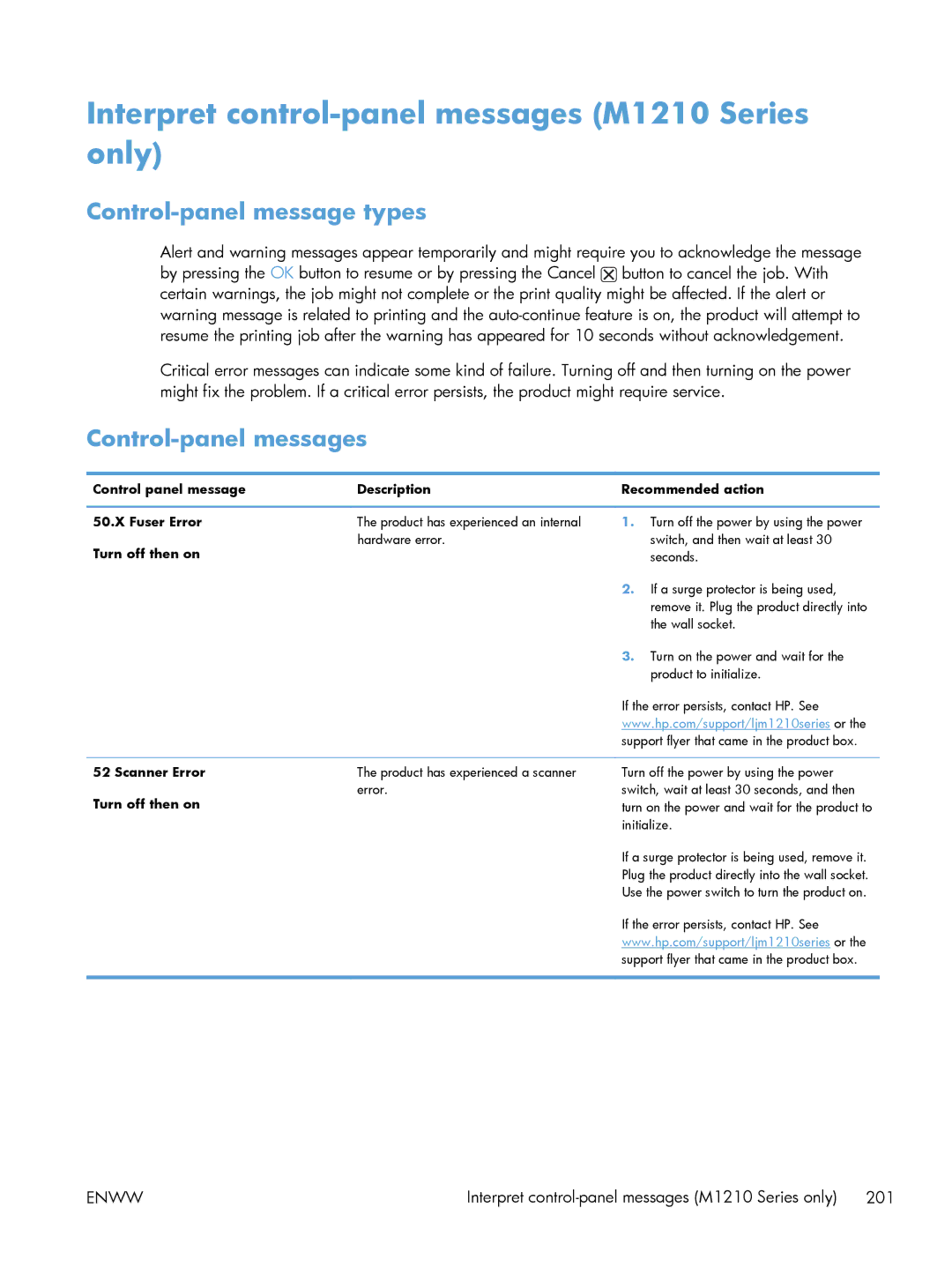 HP M1213nf manual Interpret control-panel messages M1210 Series only, Control-panel message types, Control-panel messages 