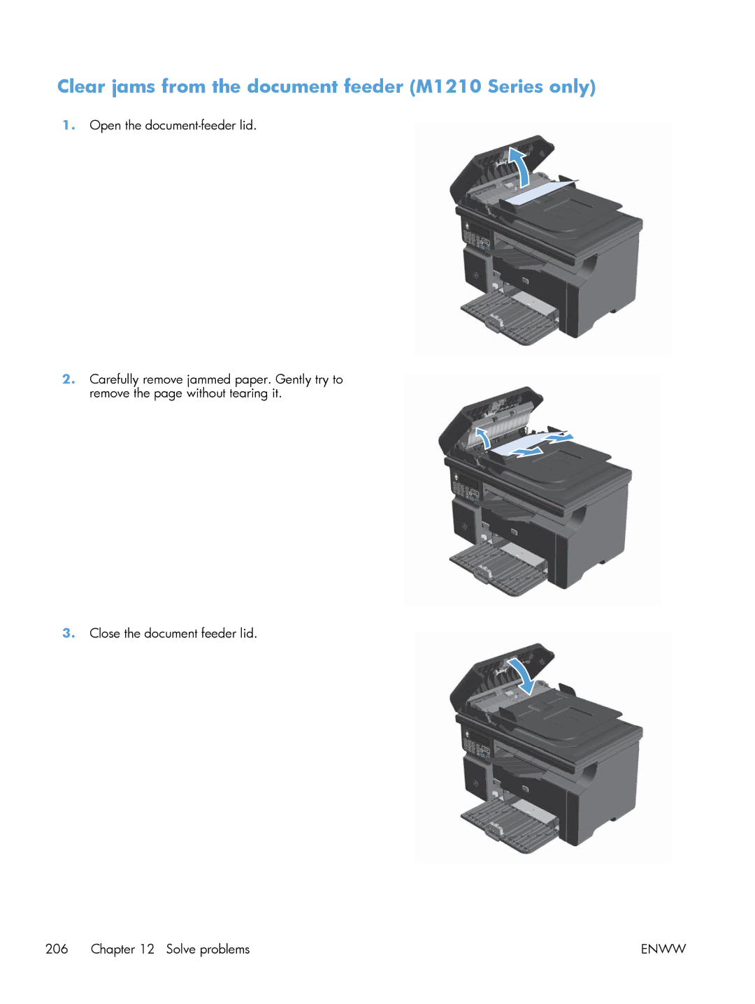 HP M1214nfh, M1216nfh, M1213nf manual Clear jams from the document feeder M1210 Series only 