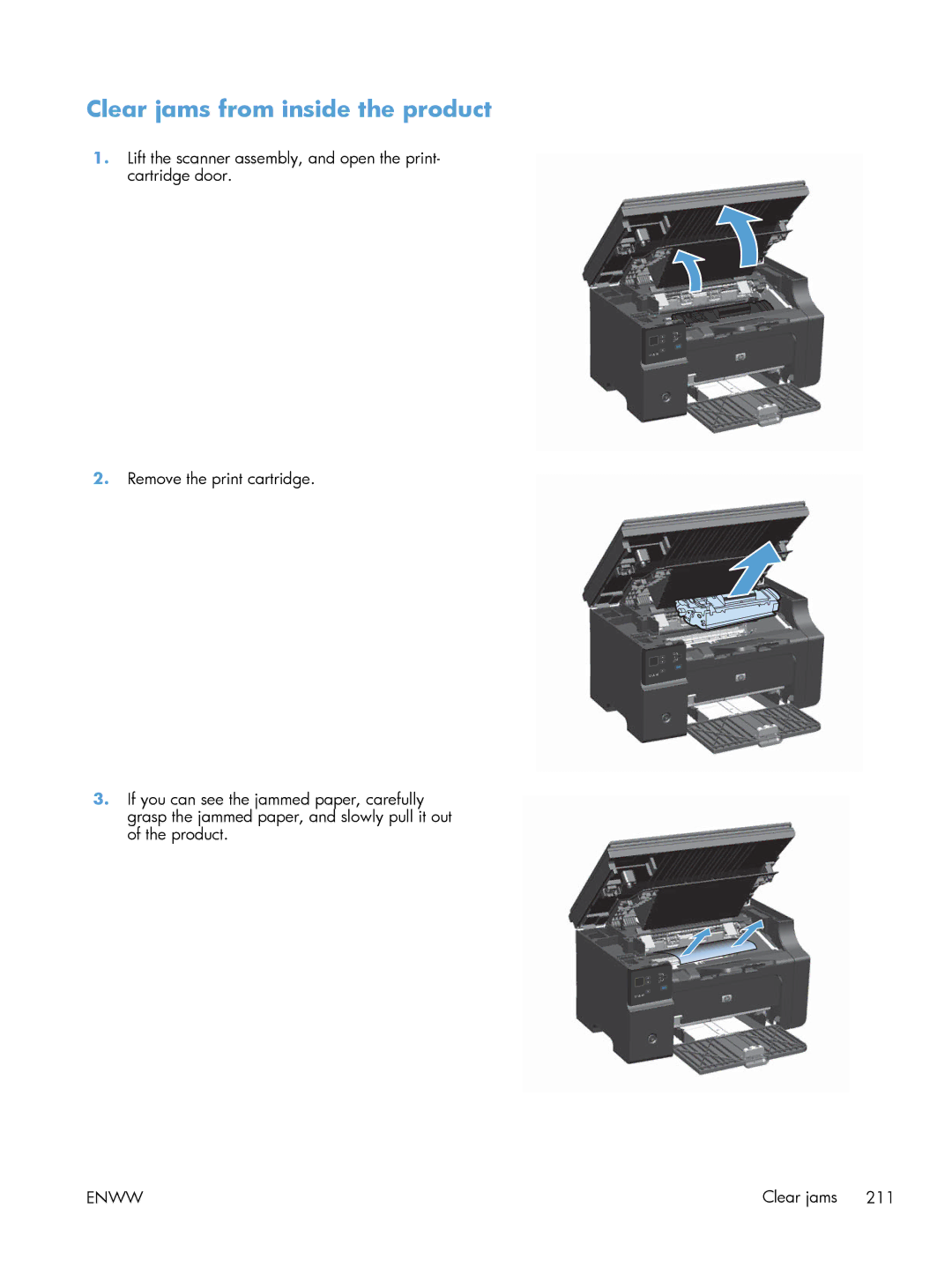 HP M1216nfh, M1214nfh, M1213nf manual Clear jams from inside the product 