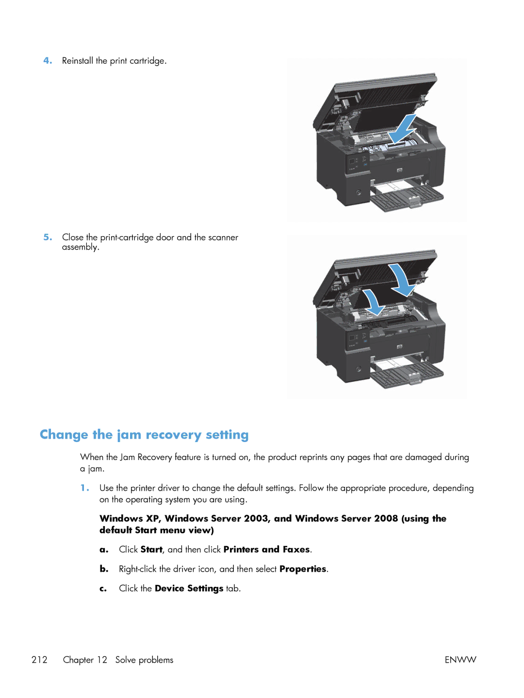 HP M1214nfh, M1216nfh, M1213nf manual Change the jam recovery setting 