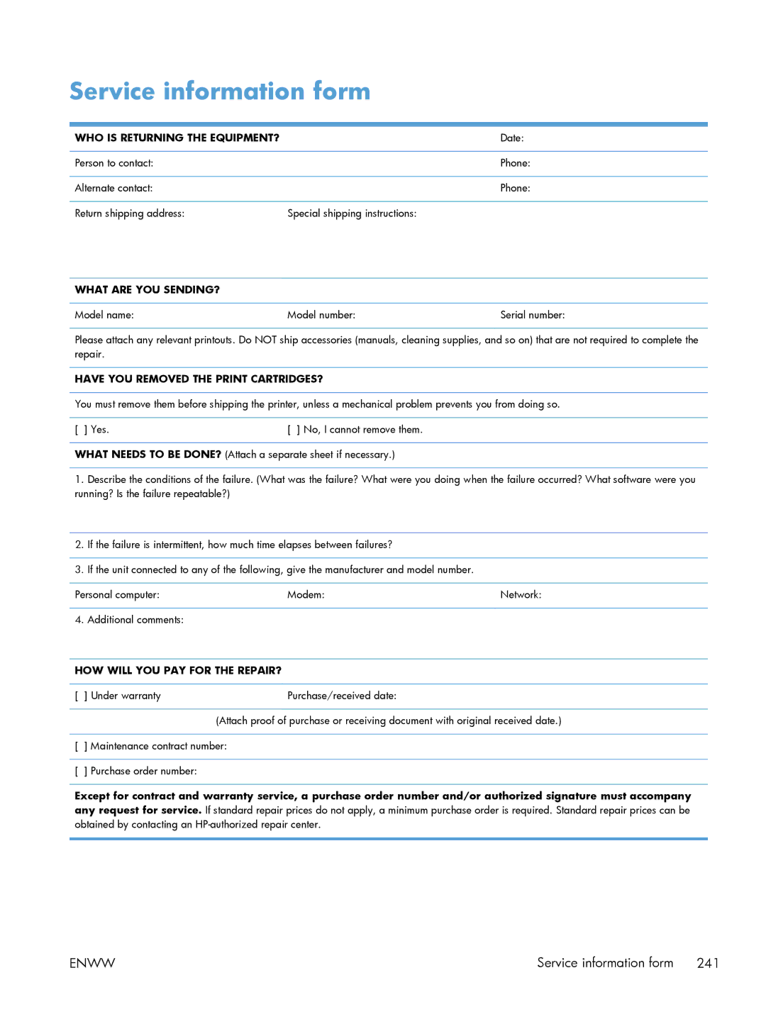 HP M1216nfh, M1214nfh, M1213nf manual Service information form, WHO is Returning the EQUIPMENT? 