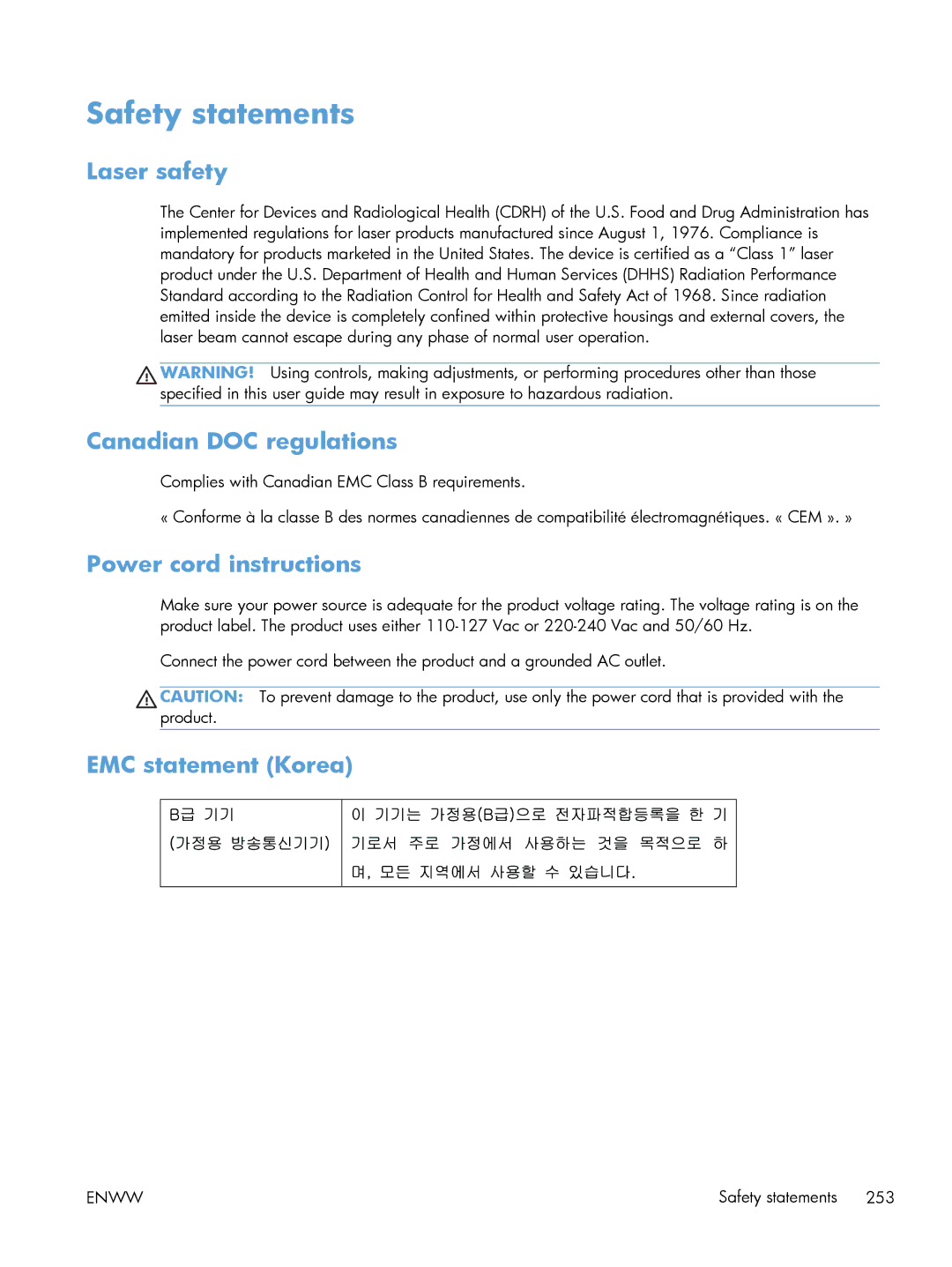 HP M1216nfh manual Safety statements, Laser safety, Canadian DOC regulations, Power cord instructions, EMC statement Korea 