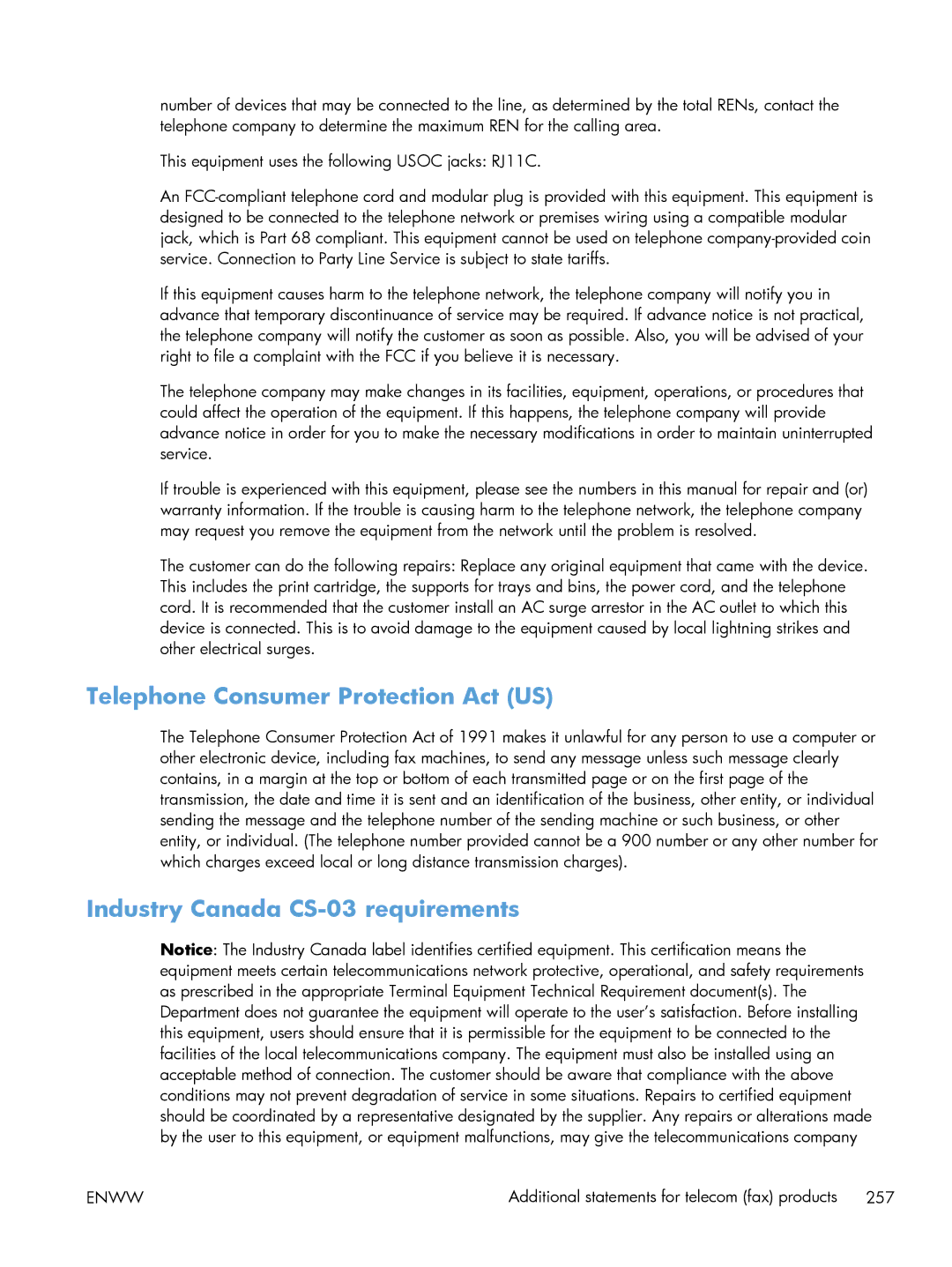 HP M1214nfh, M1216nfh, M1213nf manual Telephone Consumer Protection Act US, Industry Canada CS-03 requirements 