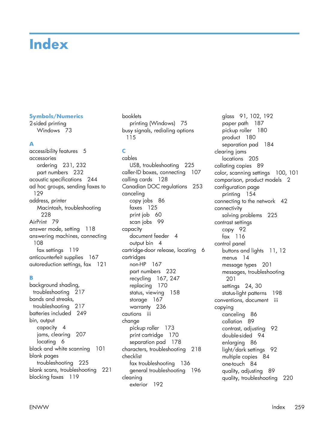 HP M1216nfh, M1214nfh, M1213nf manual Index, Symbols/Numerics 2-sided printing, Cables 