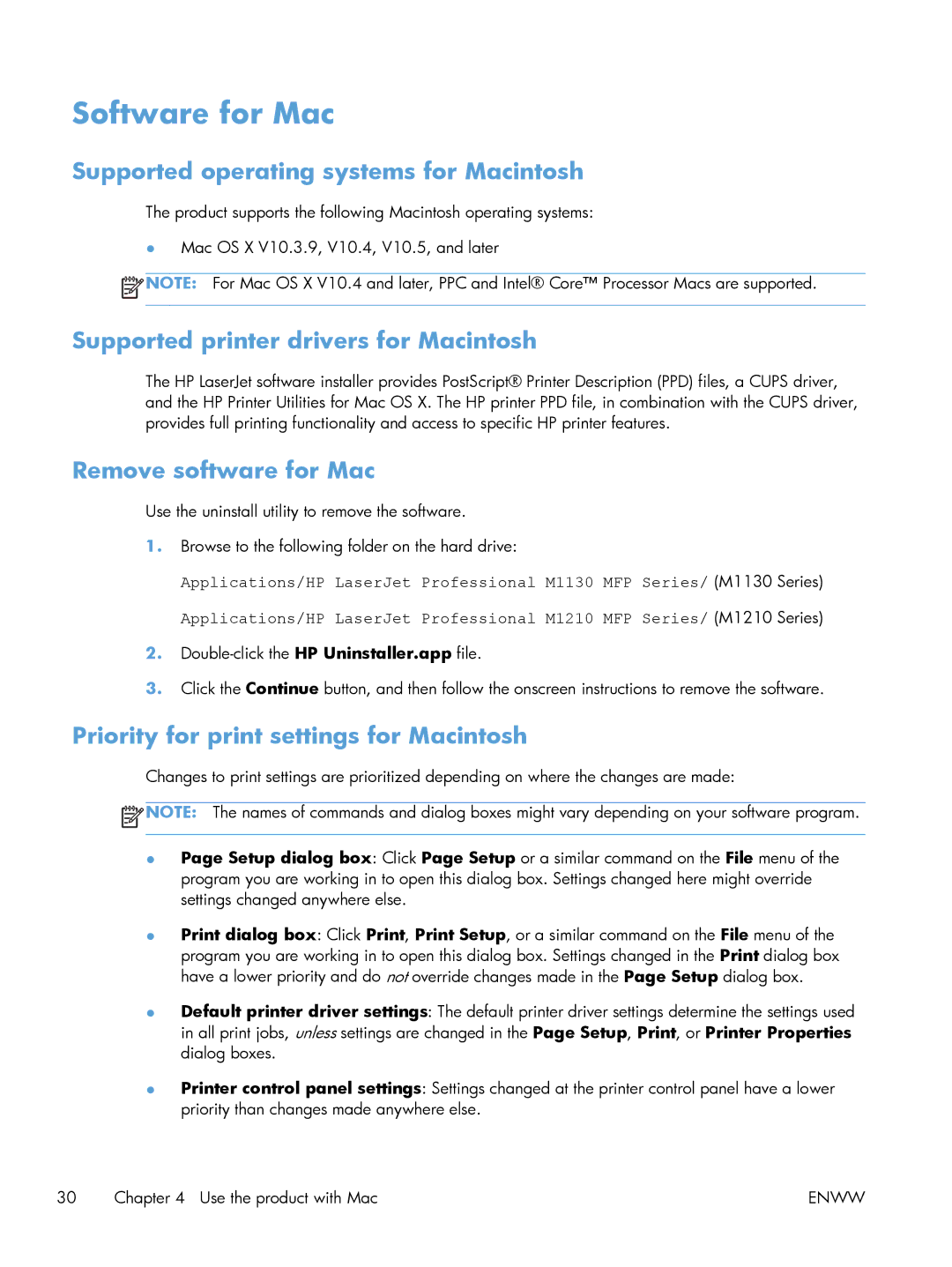 HP M1213nf, M1216nfh Software for Mac, Supported operating systems for Macintosh, Supported printer drivers for Macintosh 