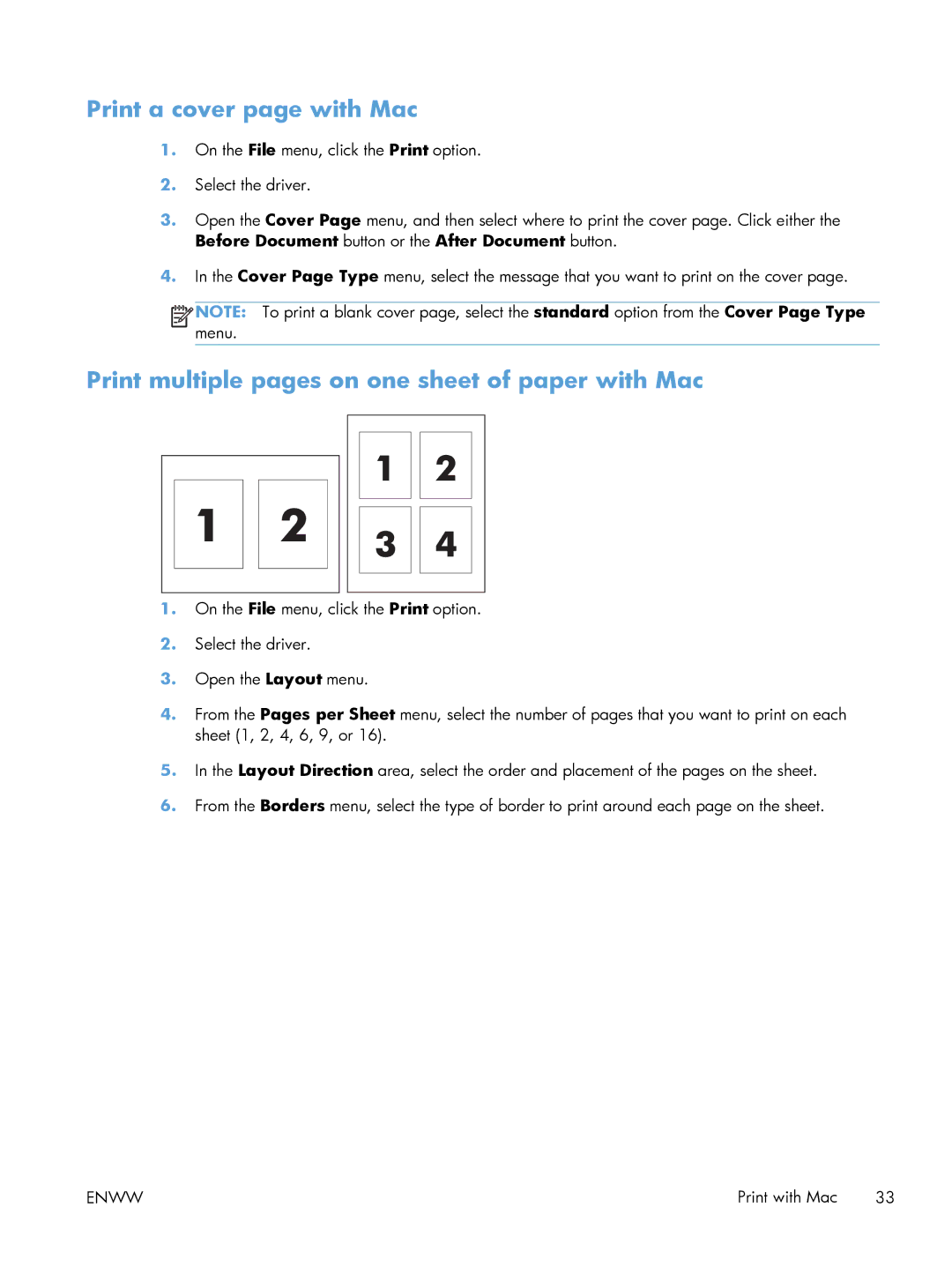 HP M1213nf, M1216nfh, M1214nfh manual Print a cover page with Mac, Print multiple pages on one sheet of paper with Mac 