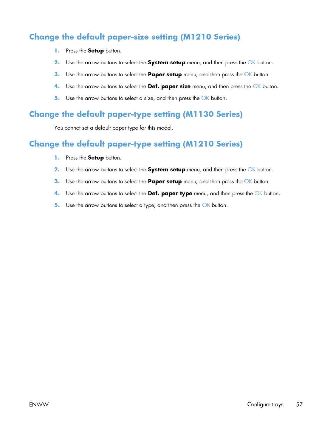 HP M1213nf manual Change the default paper-size setting M1210 Series, Change the default paper-type setting M1130 Series 