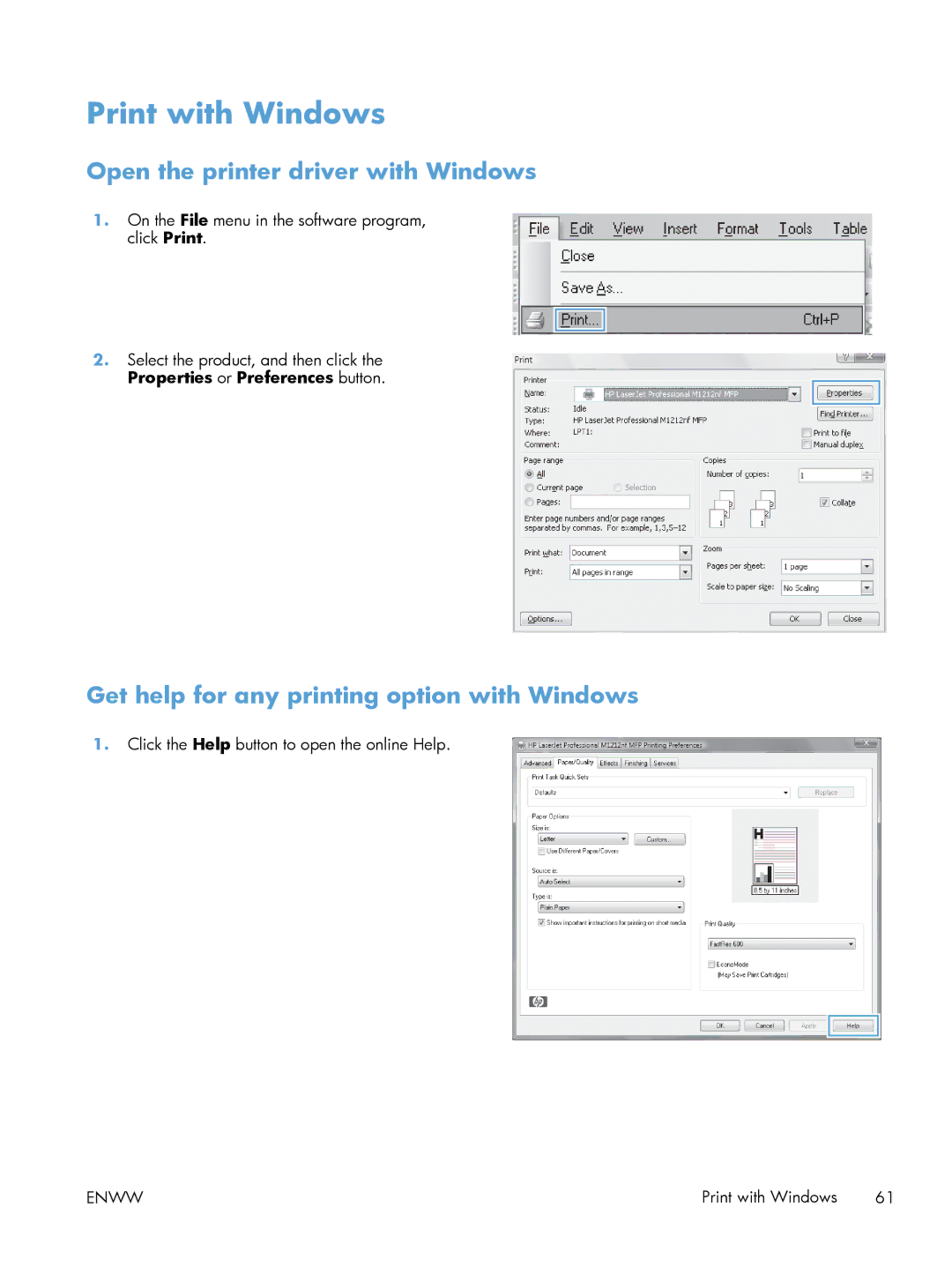 HP M1216nfh manual Print with Windows, Open the printer driver with Windows, Get help for any printing option with Windows 