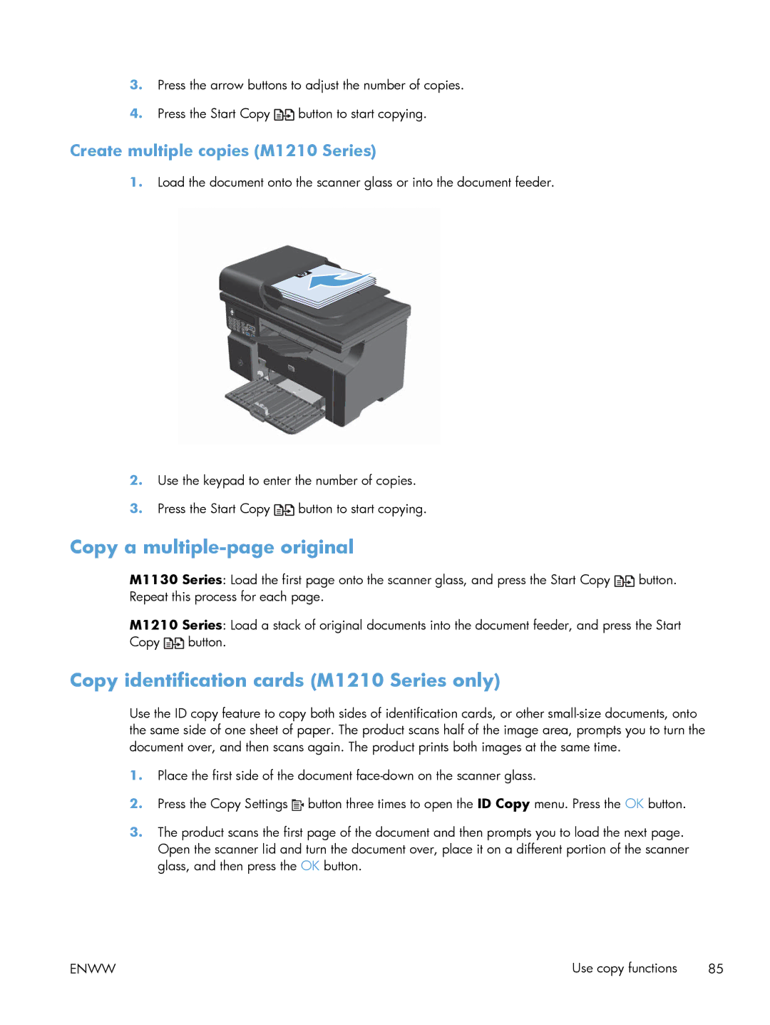 HP M1216nfh, M1214nfh, M1213nf manual Copy a multiple-page original, Copy identification cards M1210 Series only 