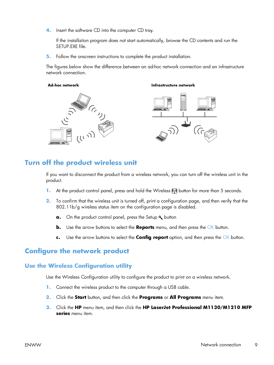 HP M1132, M1217nfw, M1136 manual Turn off the product wireless unit, Configure the network product 