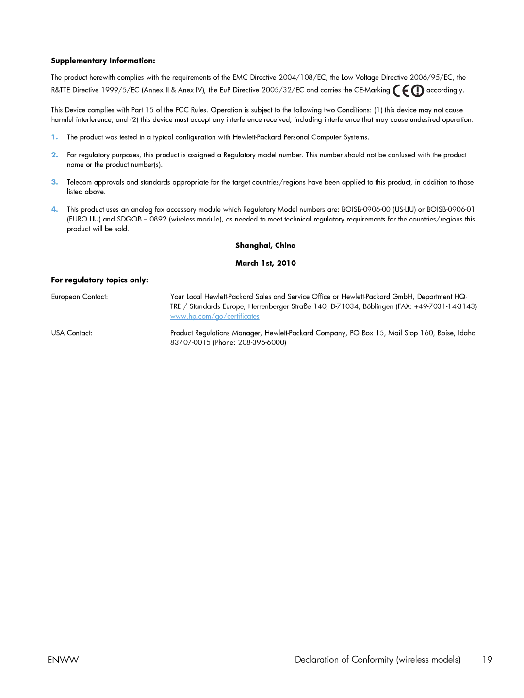 HP M1217nfw, M1136, M1132 manual Declaration of Conformity wireless models 