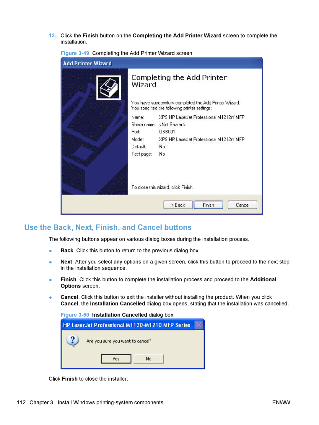 HP M1217nfw, M1216nfh, M1213nf Use the Back, Next, Finish, and Cancel buttons, 49Completing the Add Printer Wizard screen 