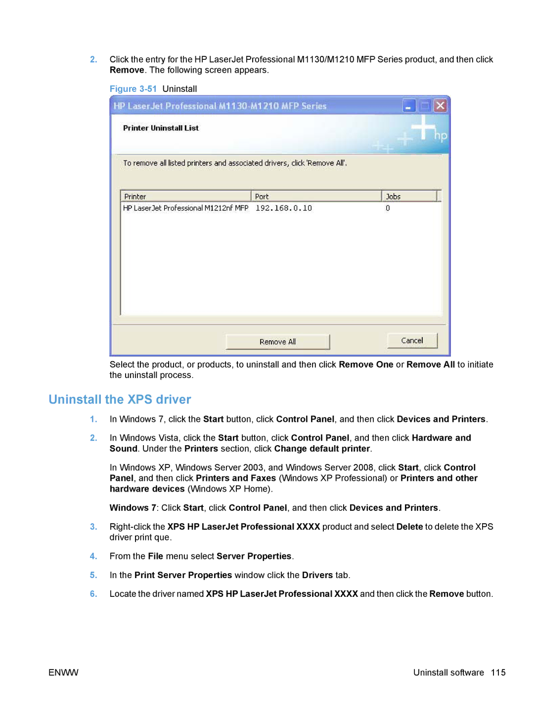 HP M1136, M1217nfw, M1216nfh, M1213nf manual Uninstall the XPS driver 