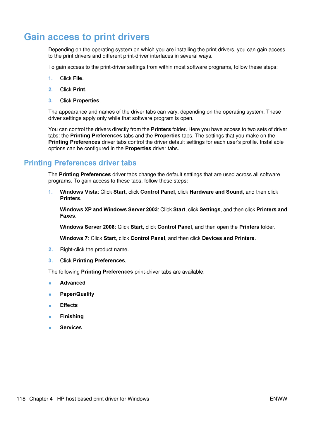 HP M1213nf, M1217nfw, M1216nfh, M1136 manual Gain access to print drivers, Printing Preferences driver tabs 