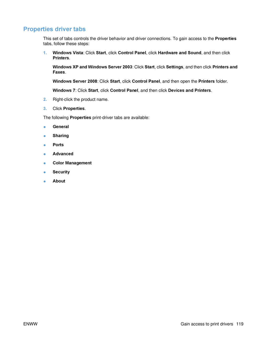 HP M1136, M1217nfw, M1216nfh, M1213nf manual Properties driver tabs 