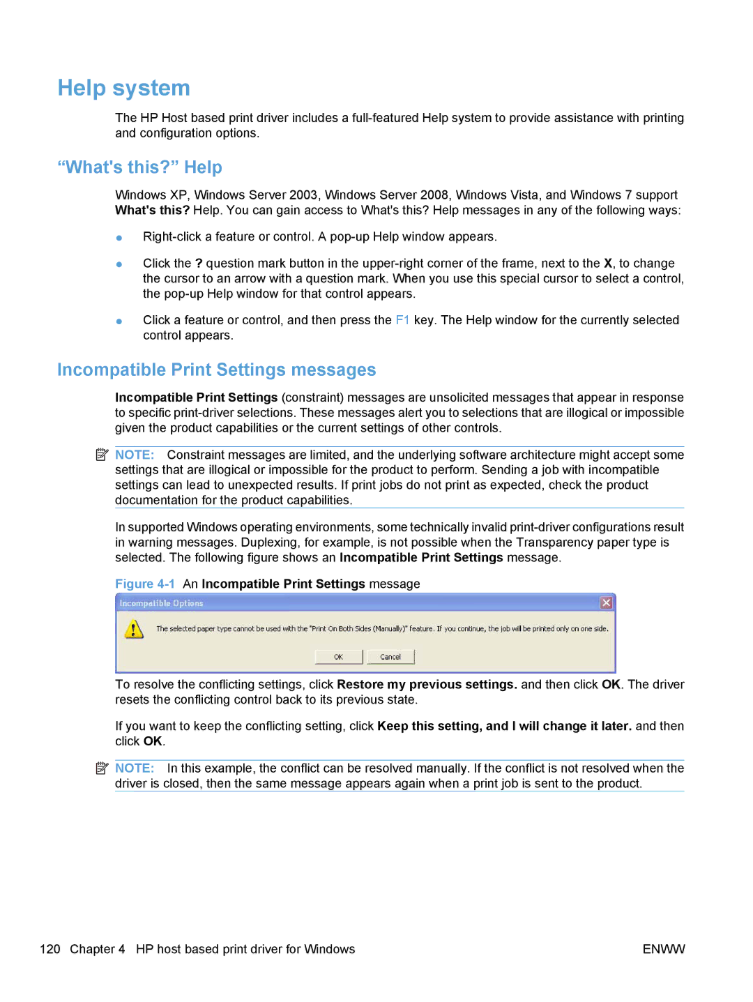 HP M1217nfw, M1216nfh, M1213nf, M1136 manual Help system, Whats this? Help, Incompatible Print Settings messages 