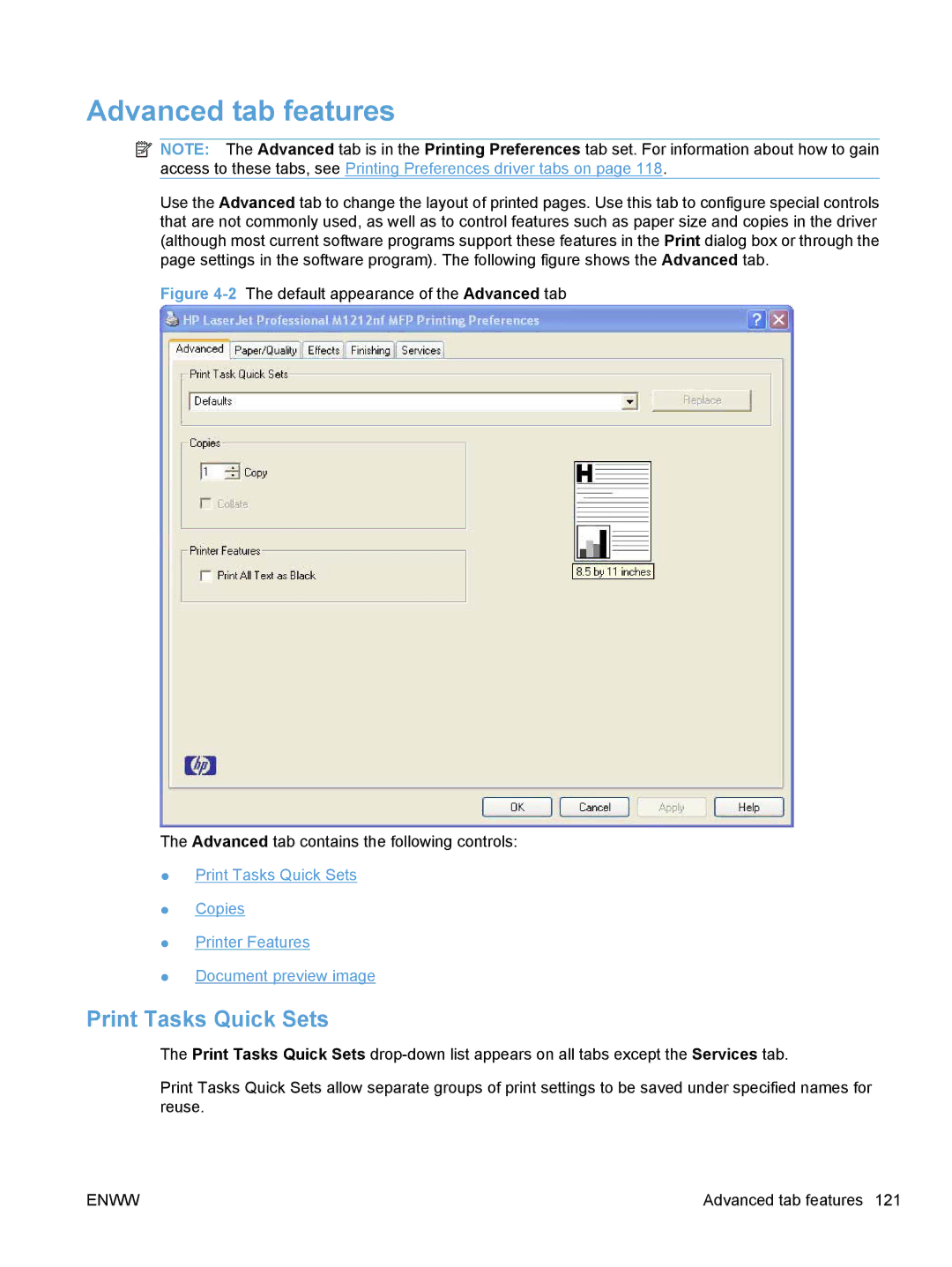 HP M1216nfh, M1217nfw, M1213nf, M1136 manual Advanced tab features, Print Tasks Quick Sets 