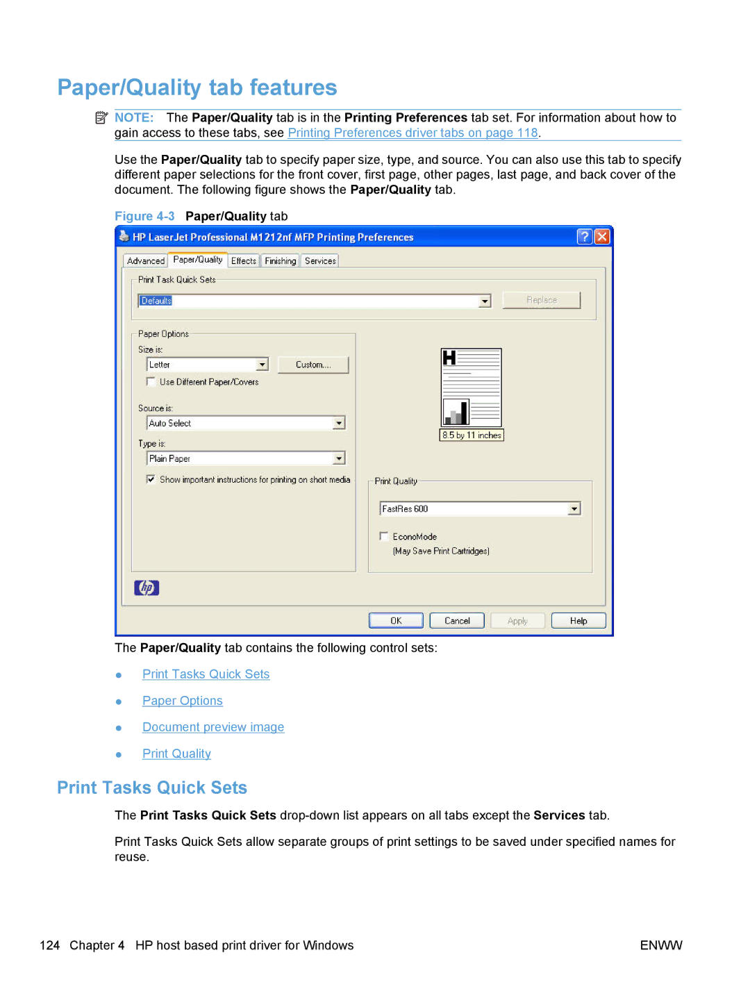 HP M1217nfw, M1216nfh, M1213nf, M1136 manual Paper/Quality tab features, 3Paper/Quality tab 