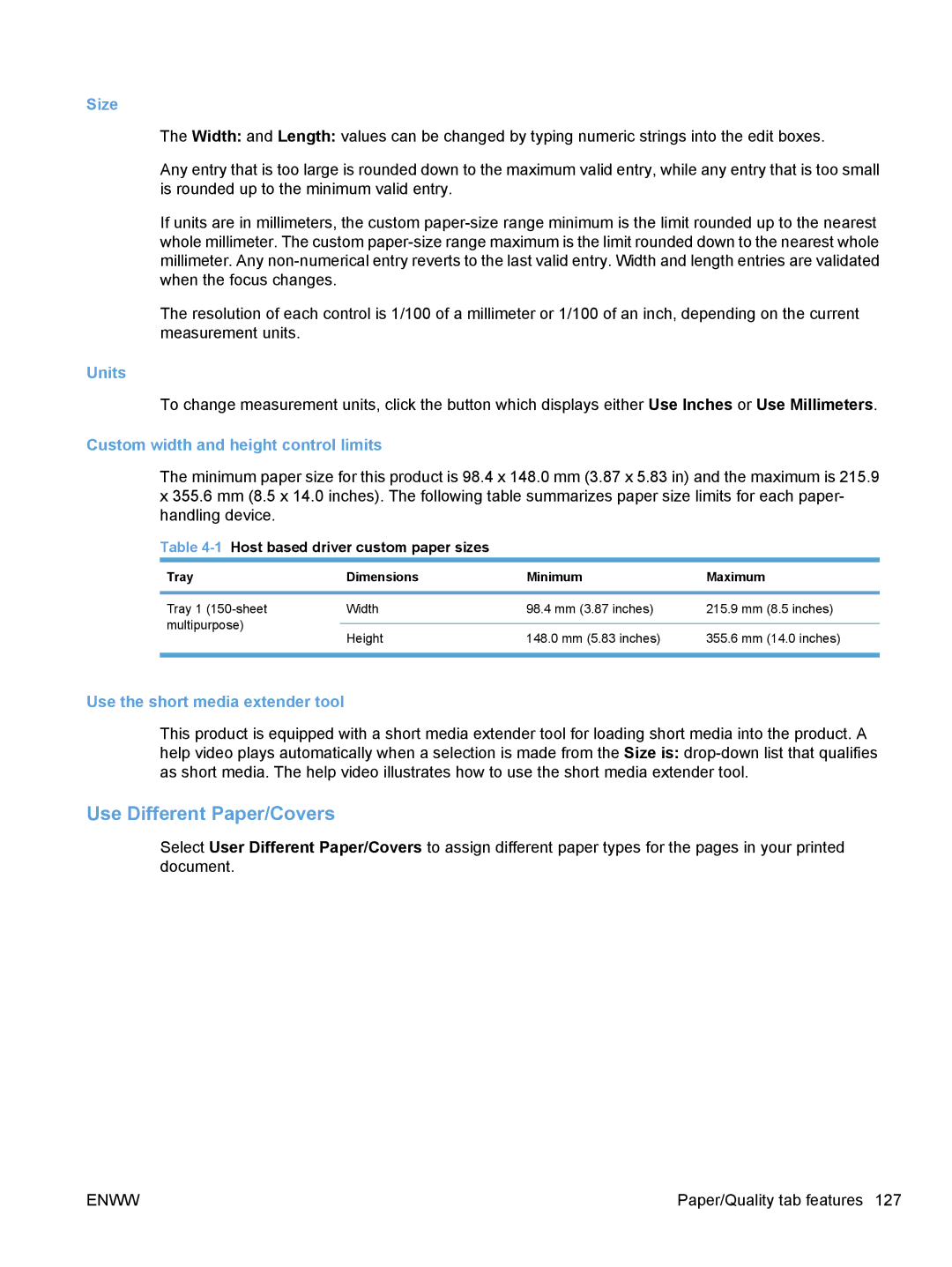 HP M1136, M1217nfw, M1216nfh, M1213nf manual Use Different Paper/Covers, Size, Units, Custom width and height control limits 