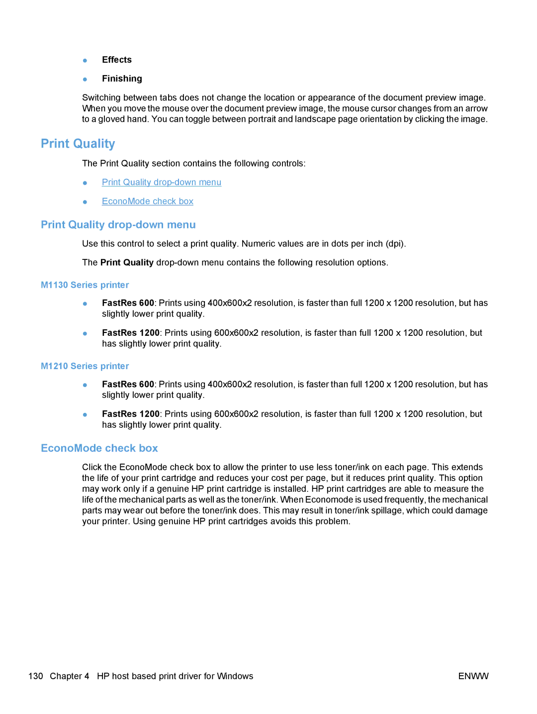 HP M1213nf, M1217nfw Print Quality drop-down menu, EconoMode check box, M1130 Series printer, M1210 Series printer 