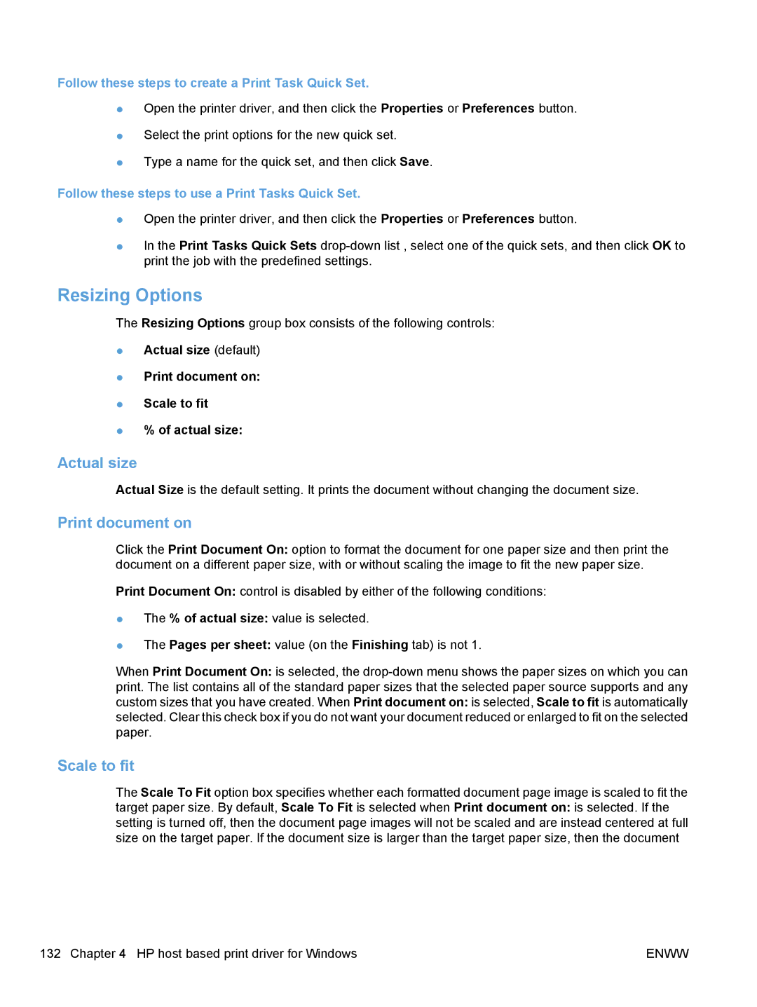 HP M1217nfw, M1216nfh, M1213nf, M1136 manual Resizing Options, Actual size, Print document on, Scale to fit 