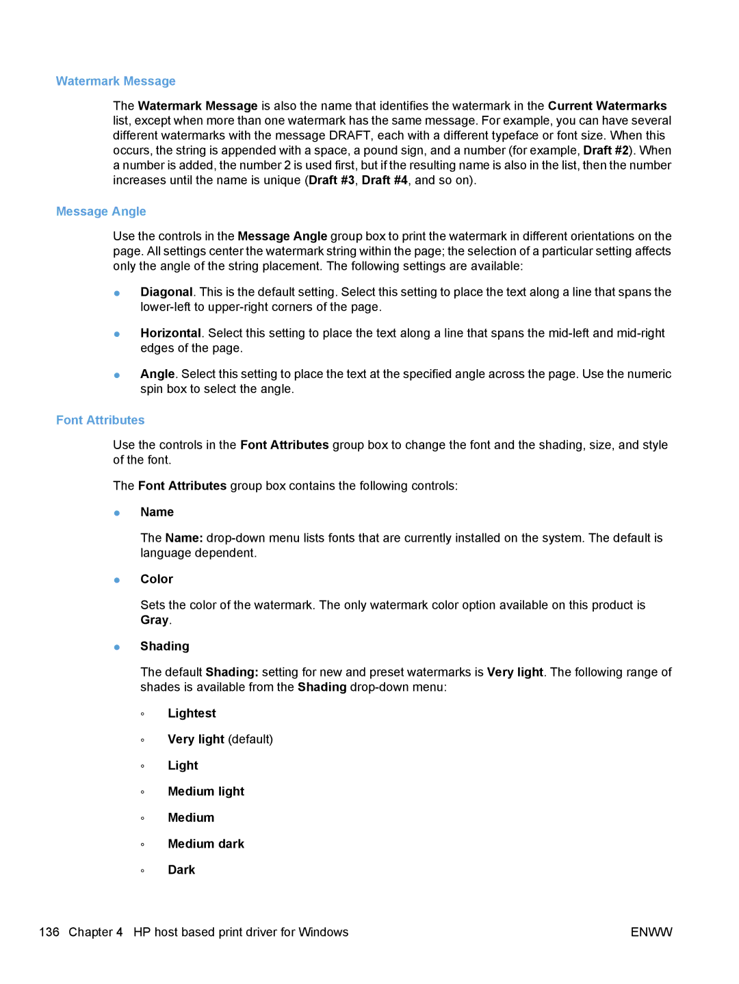 HP M1217nfw, M1216nfh, M1213nf, M1136 manual Watermark Message, Message Angle, Font Attributes 