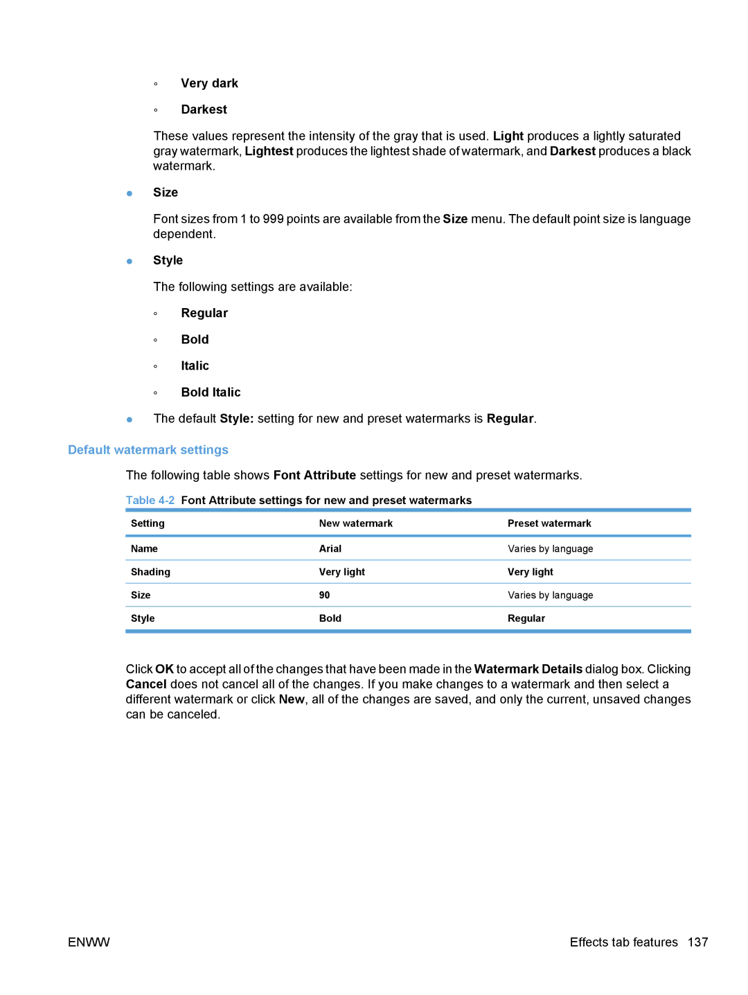 HP M1216nfh, M1217nfw, M1213nf, M1136 manual Very dark Darkest, Default watermark settings 