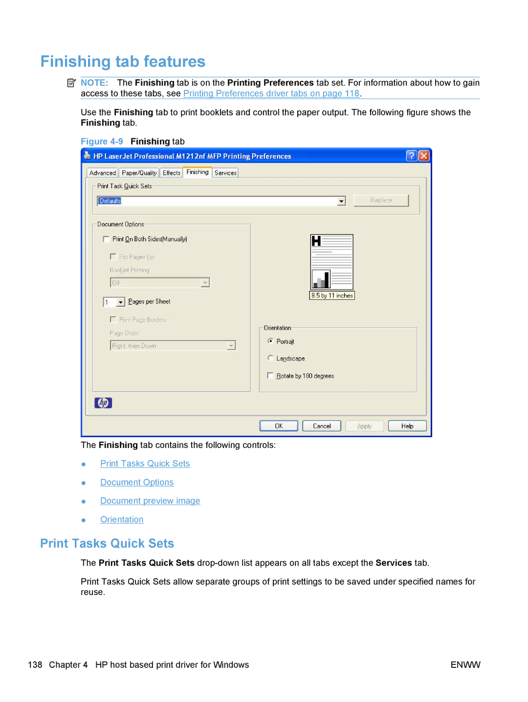 HP M1213nf, M1217nfw, M1216nfh, M1136 manual Finishing tab features 