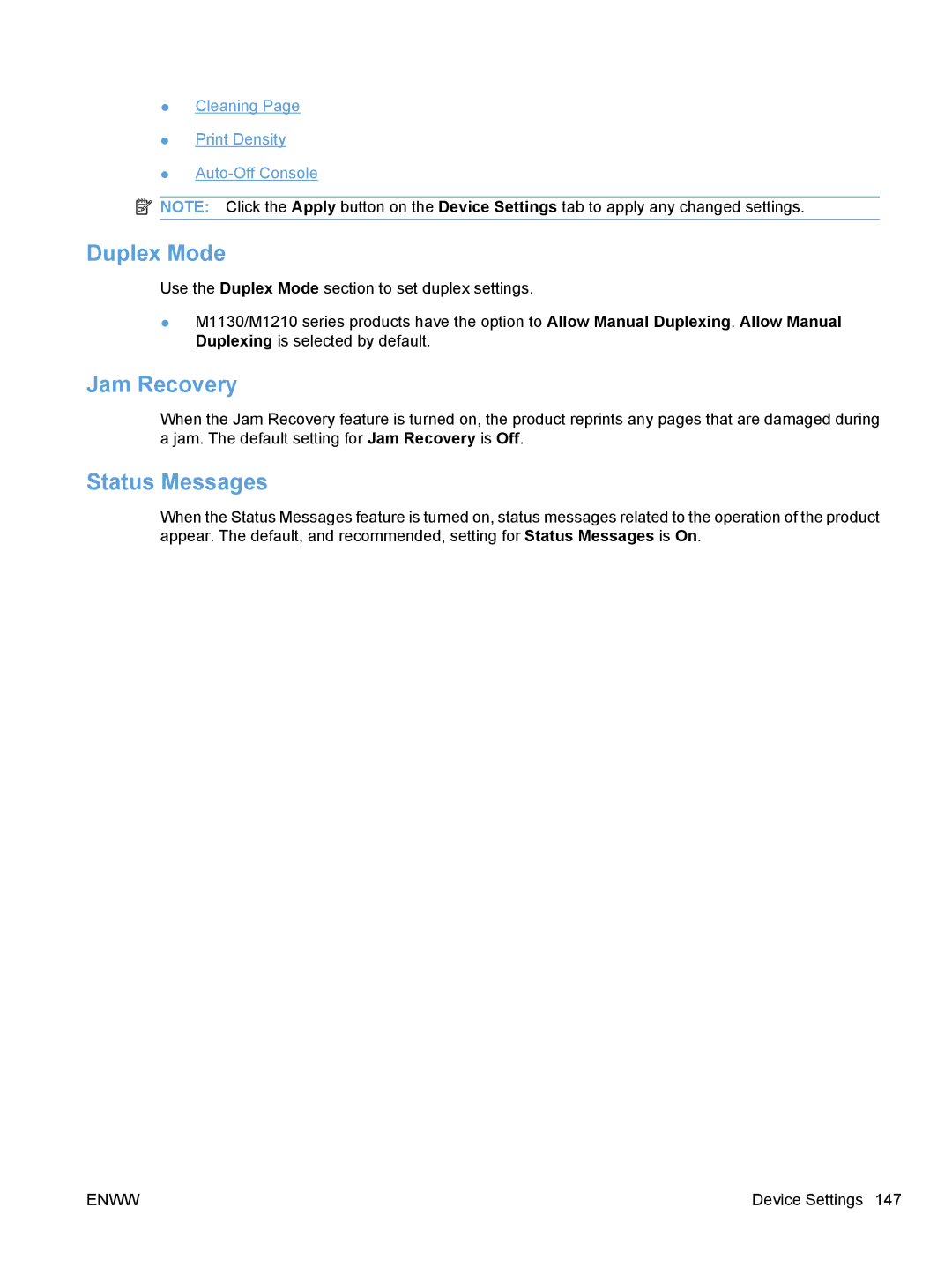 HP M1136, M1217nfw, M1216nfh, M1213nf manual Duplex Mode, Jam Recovery, Status Messages 