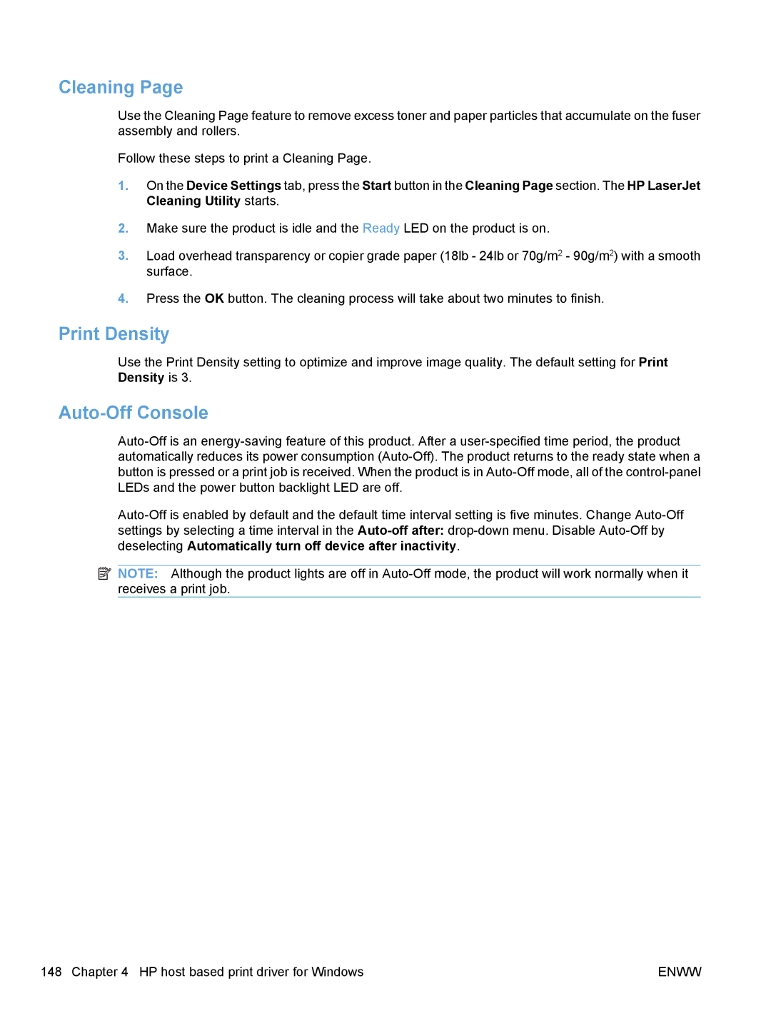 HP M1217nfw, M1216nfh, M1213nf, M1136 manual Cleaning, Print Density, Auto-Off Console 