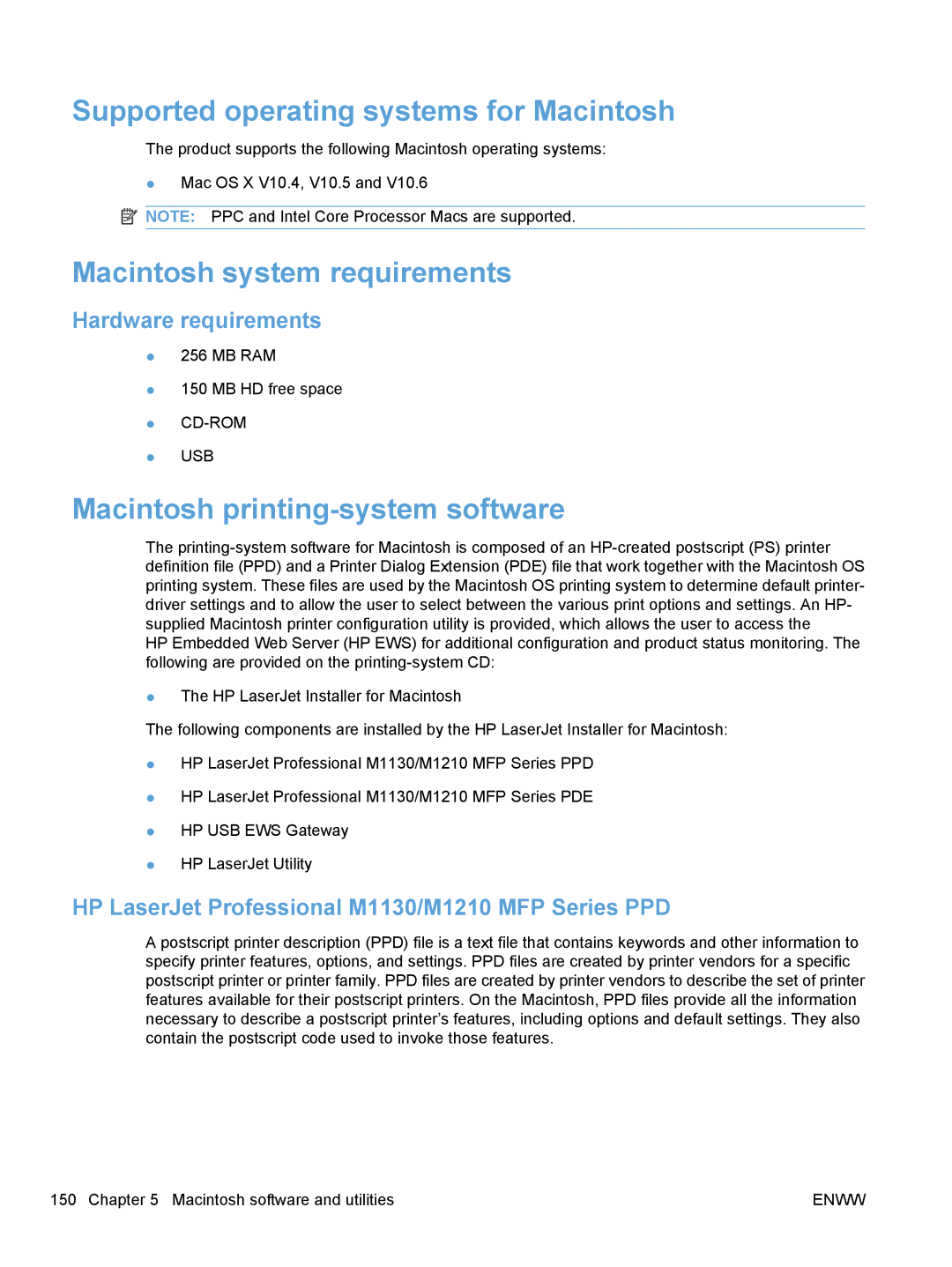 HP M1213nf Supported operating systems for Macintosh, Macintosh system requirements, Macintosh printing-system software 