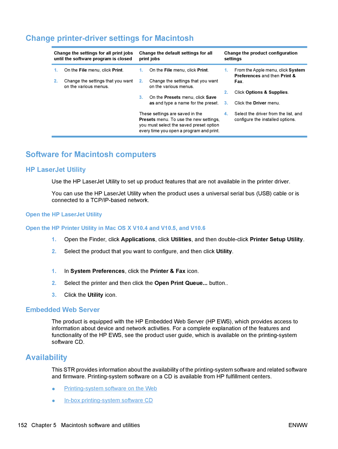 HP M1217nfw, M1216nfh, M1213nf Change printer-driver settings for Macintosh, Software for Macintosh computers, Availability 