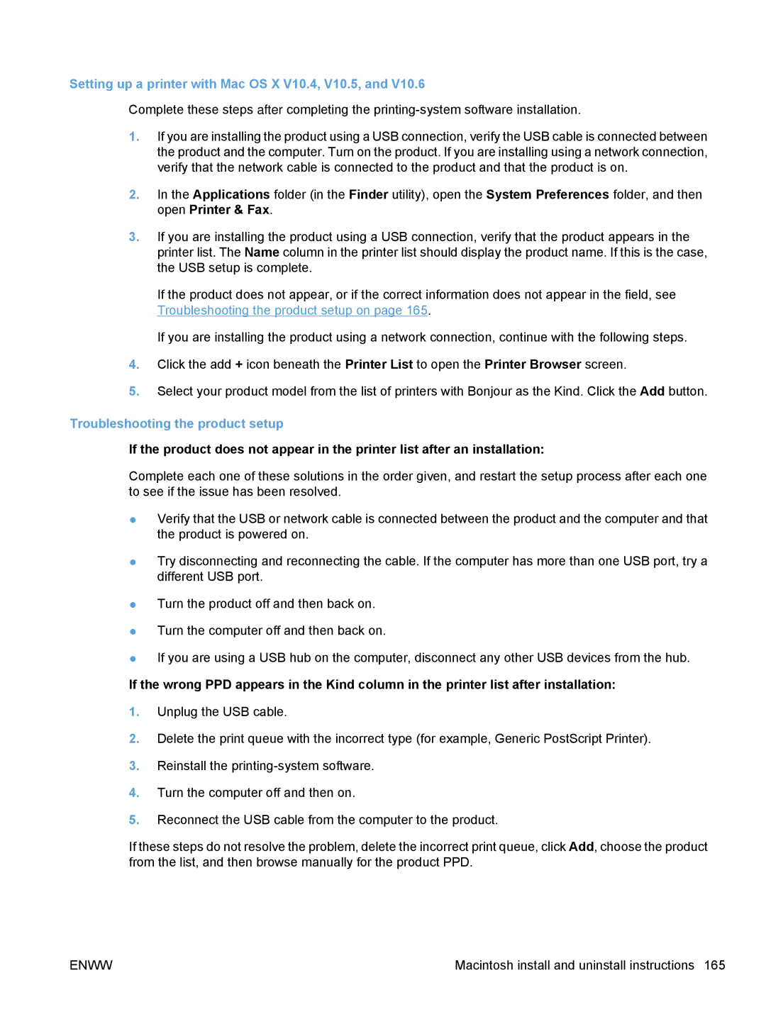 HP M1216nfh, M1217nfw, M1213nf, M1136 Setting up a printer with Mac OS X V10.4, V10.5, Troubleshooting the product setup 