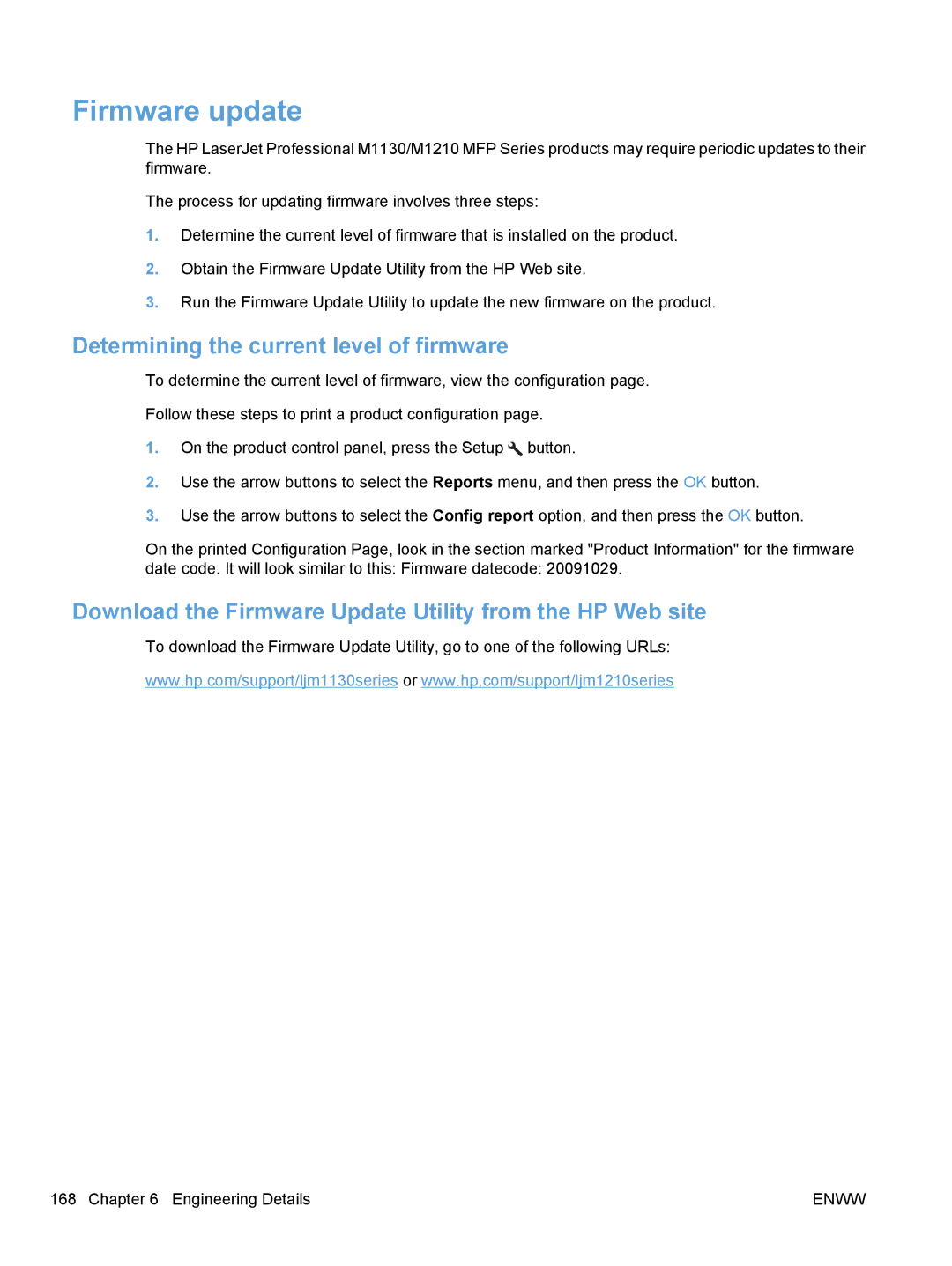 HP M1217nfw, M1216nfh, M1213nf, M1136 manual Firmware update, Determining the current level of firmware 