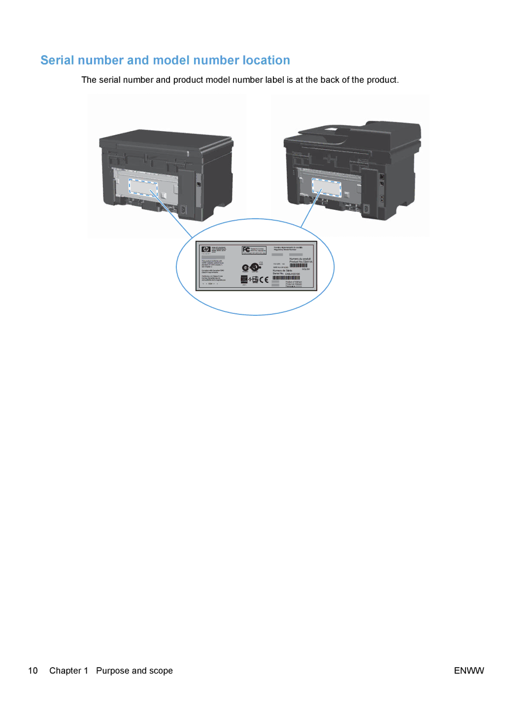 HP M1213nf, M1217nfw, M1216nfh, M1136 manual Serial number and model number location 