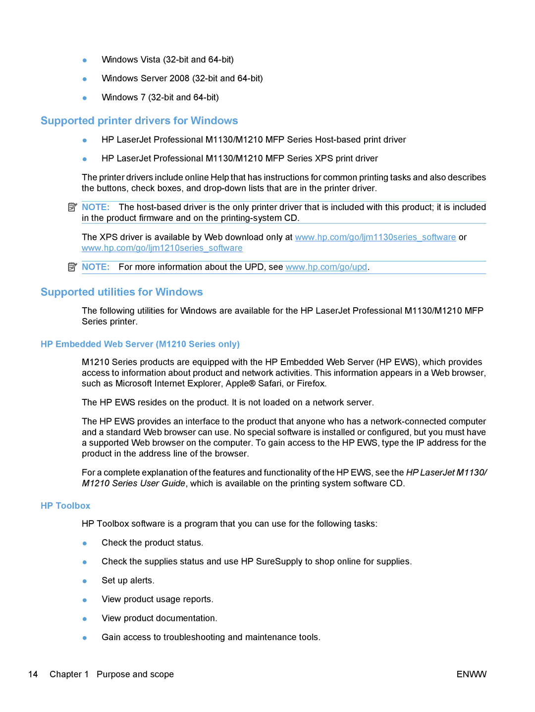 HP M1213nf, M1217nfw, M1216nfh, M1136 Supported printer drivers for Windows, Supported utilities for Windows, HP Toolbox 