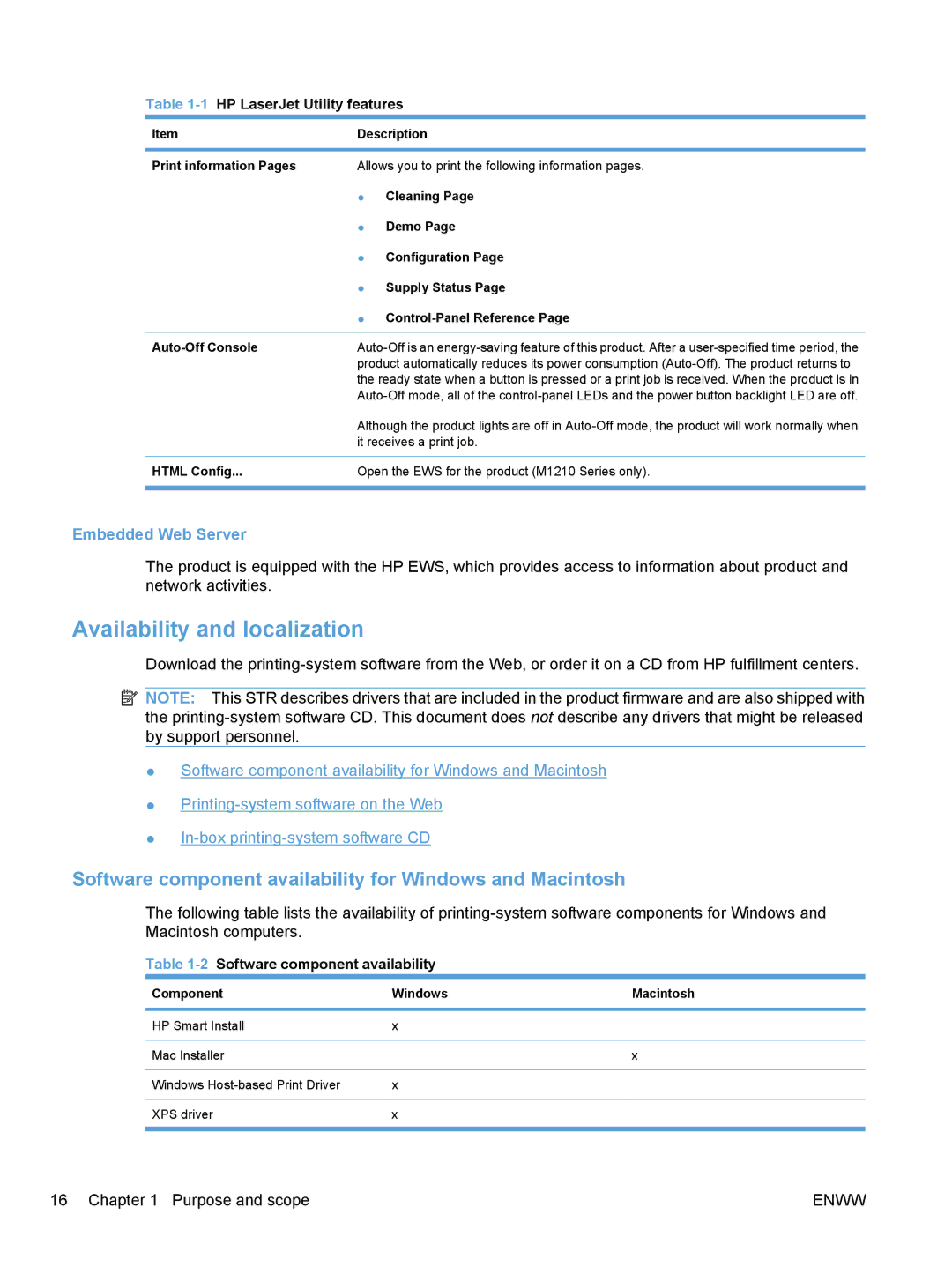 HP M1217nfw Availability and localization, Software component availability for Windows and Macintosh, Embedded Web Server 