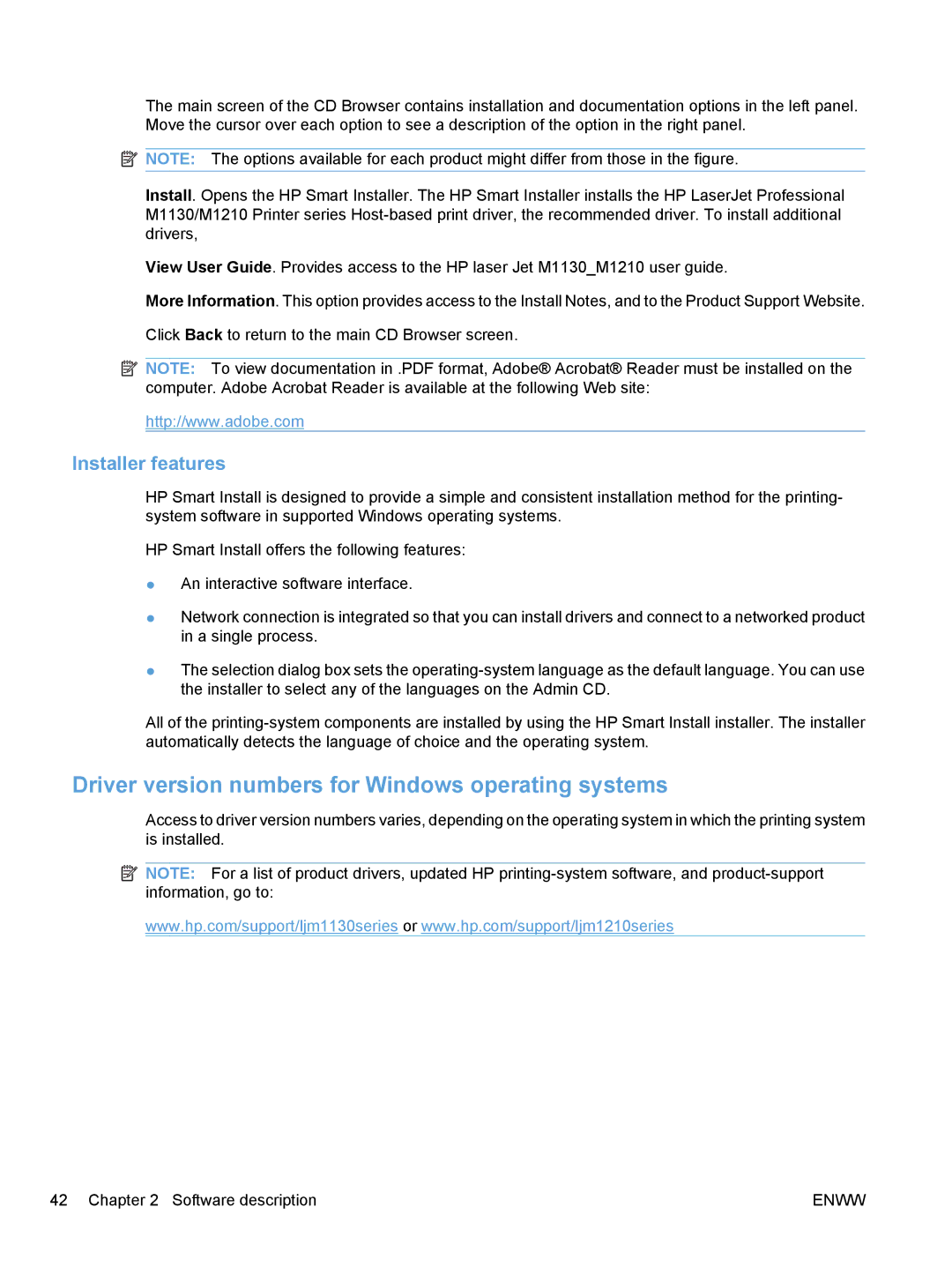 HP M1213nf, M1217nfw, M1216nfh, M1136 manual Driver version numbers for Windows operating systems, Installer features 