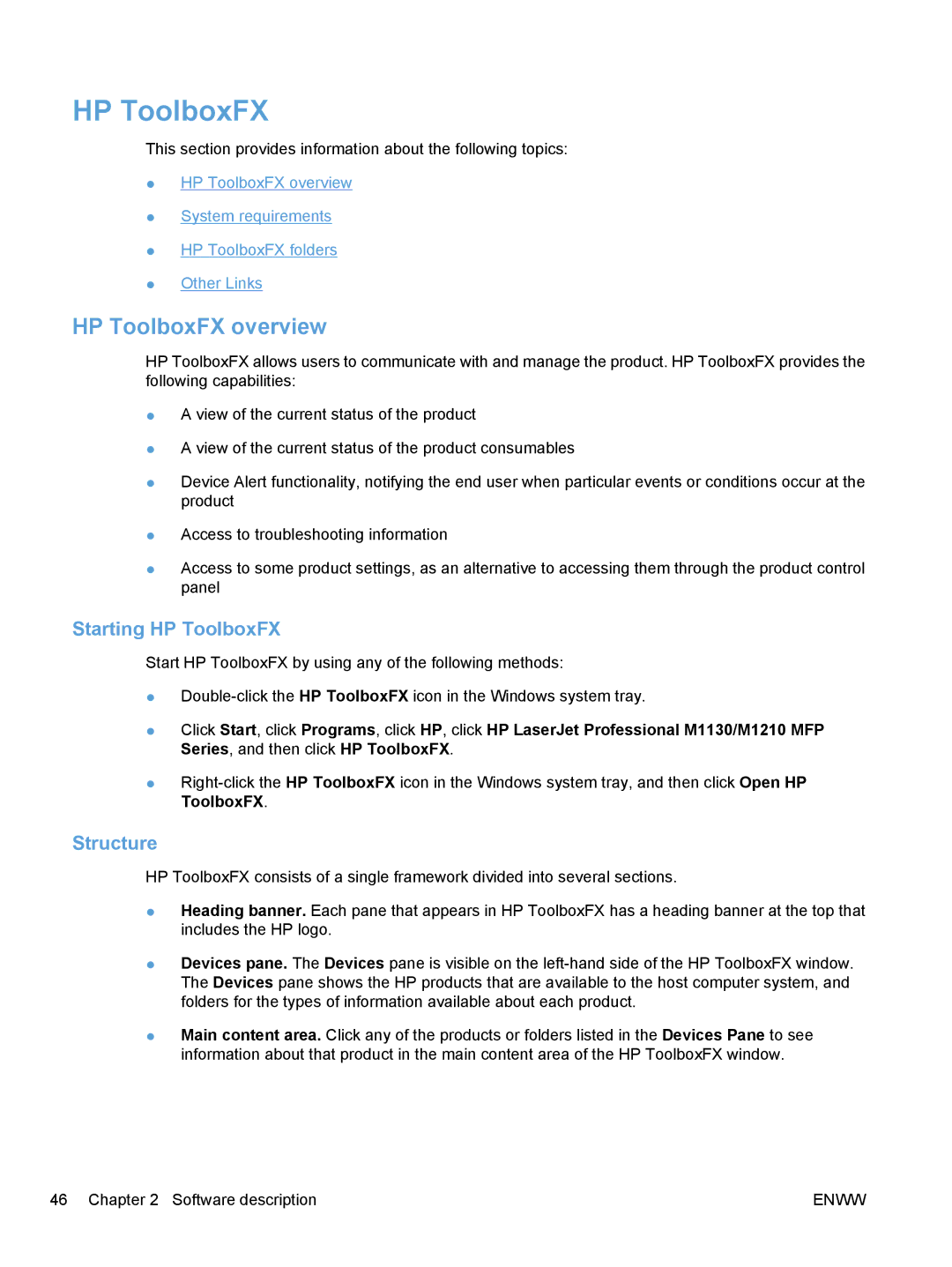 HP M1213nf, M1217nfw, M1216nfh, M1136 manual HP ToolboxFX overview, Starting HP ToolboxFX, Structure 